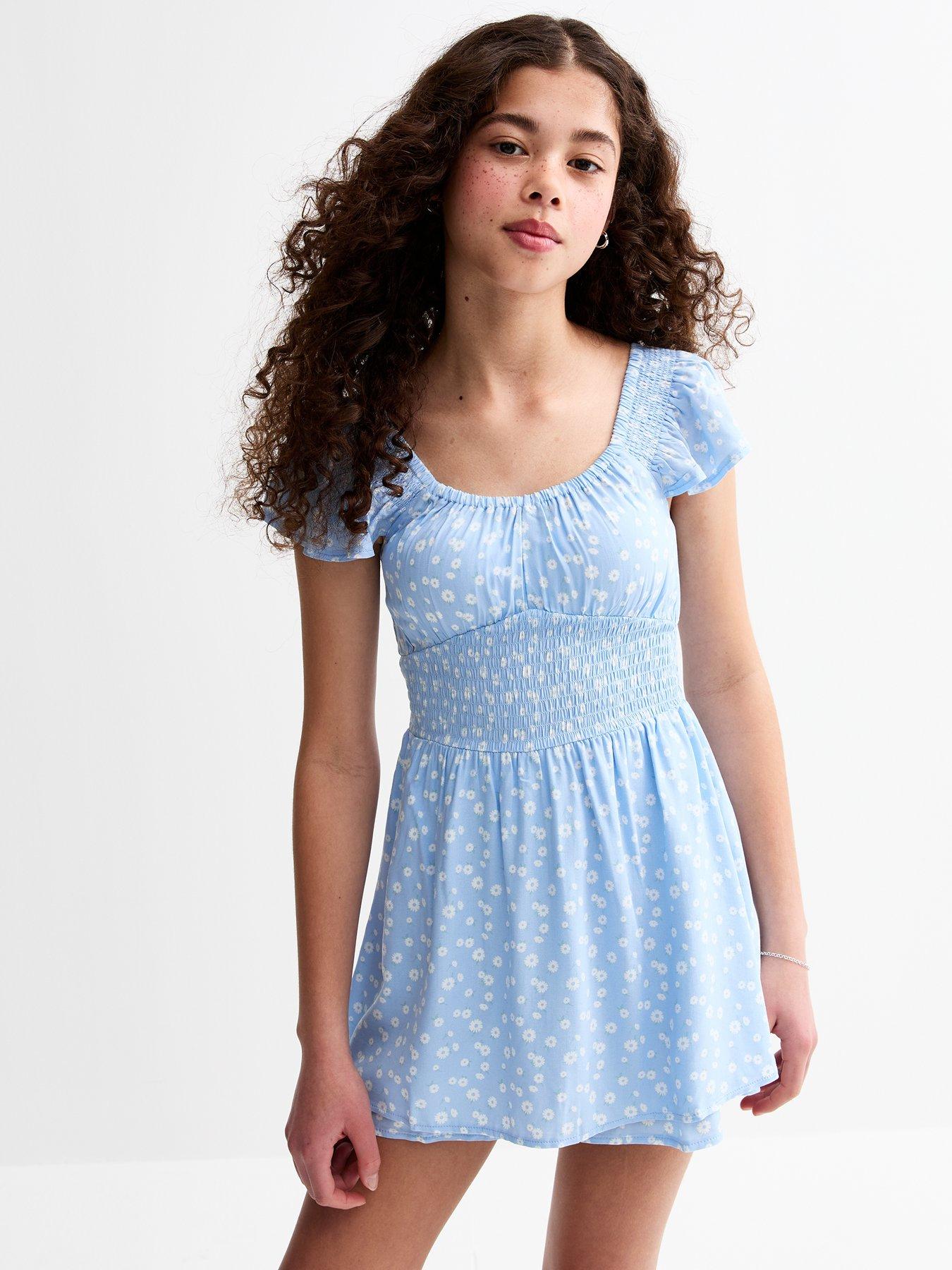 Image 1 of 4 of New Look 915 Girls Floral Print Frill Sleeve Skort Mini Dress - Blue