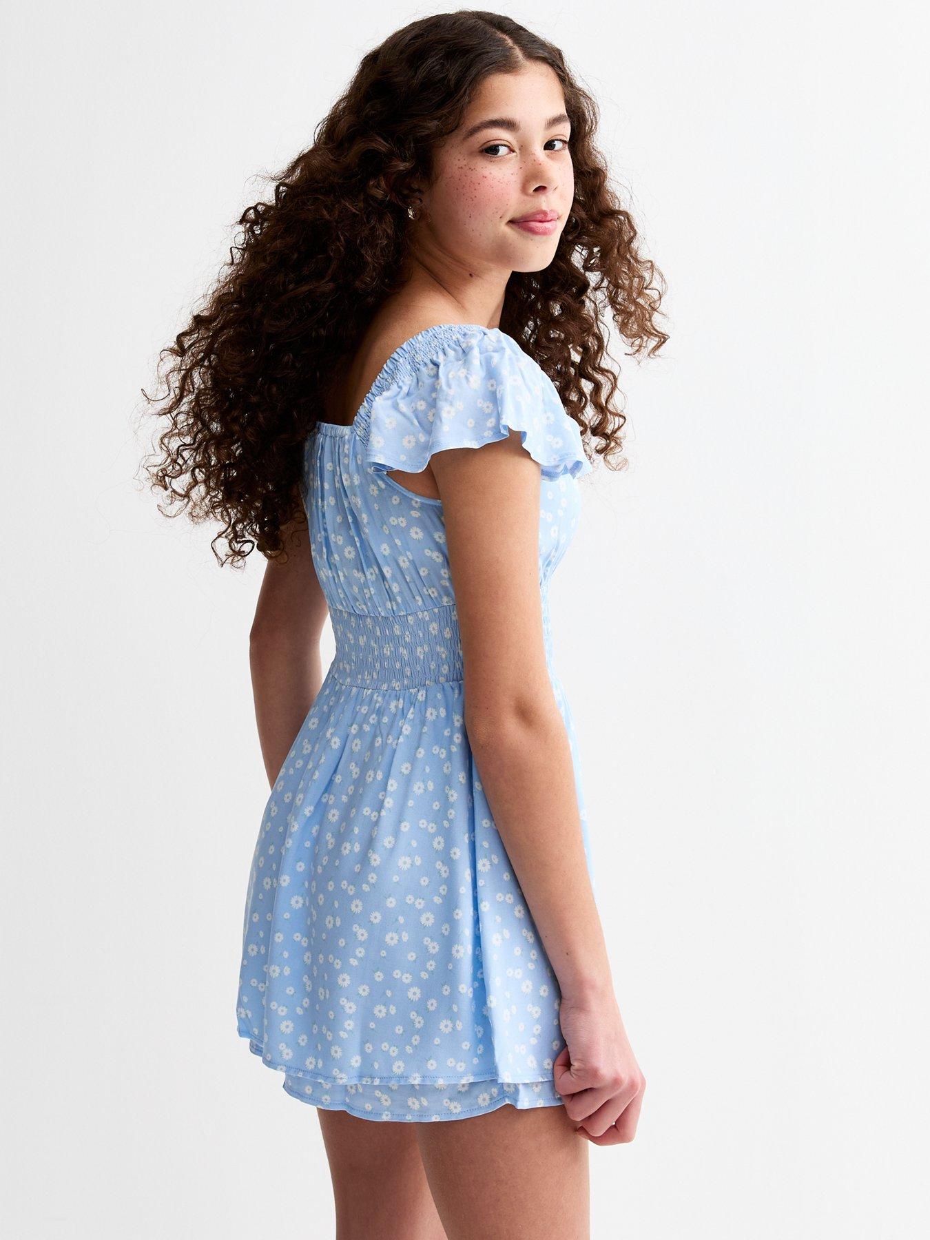 Image 2 of 4 of New Look 915 Girls Floral Print Frill Sleeve Skort Mini Dress - Blue