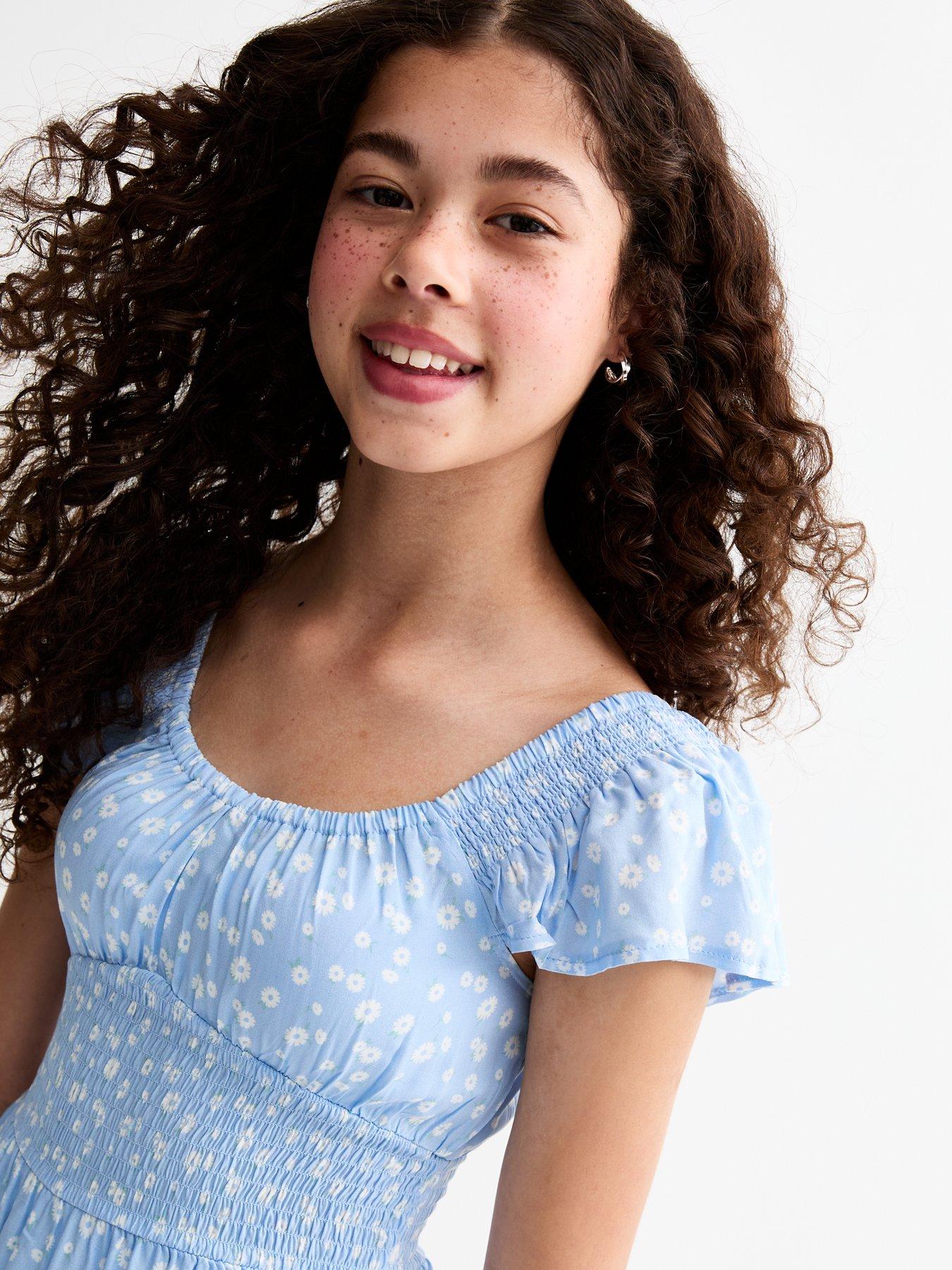 Image 4 of 4 of New Look 915 Girls Floral Print Frill Sleeve Skort Mini Dress - Blue