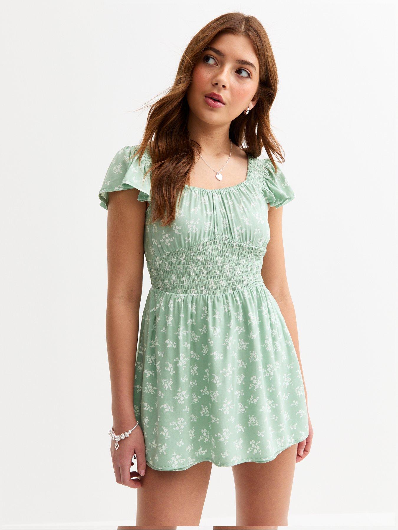 New Look 915 Girls Floral Print Shirred Skort Mini Dress Green