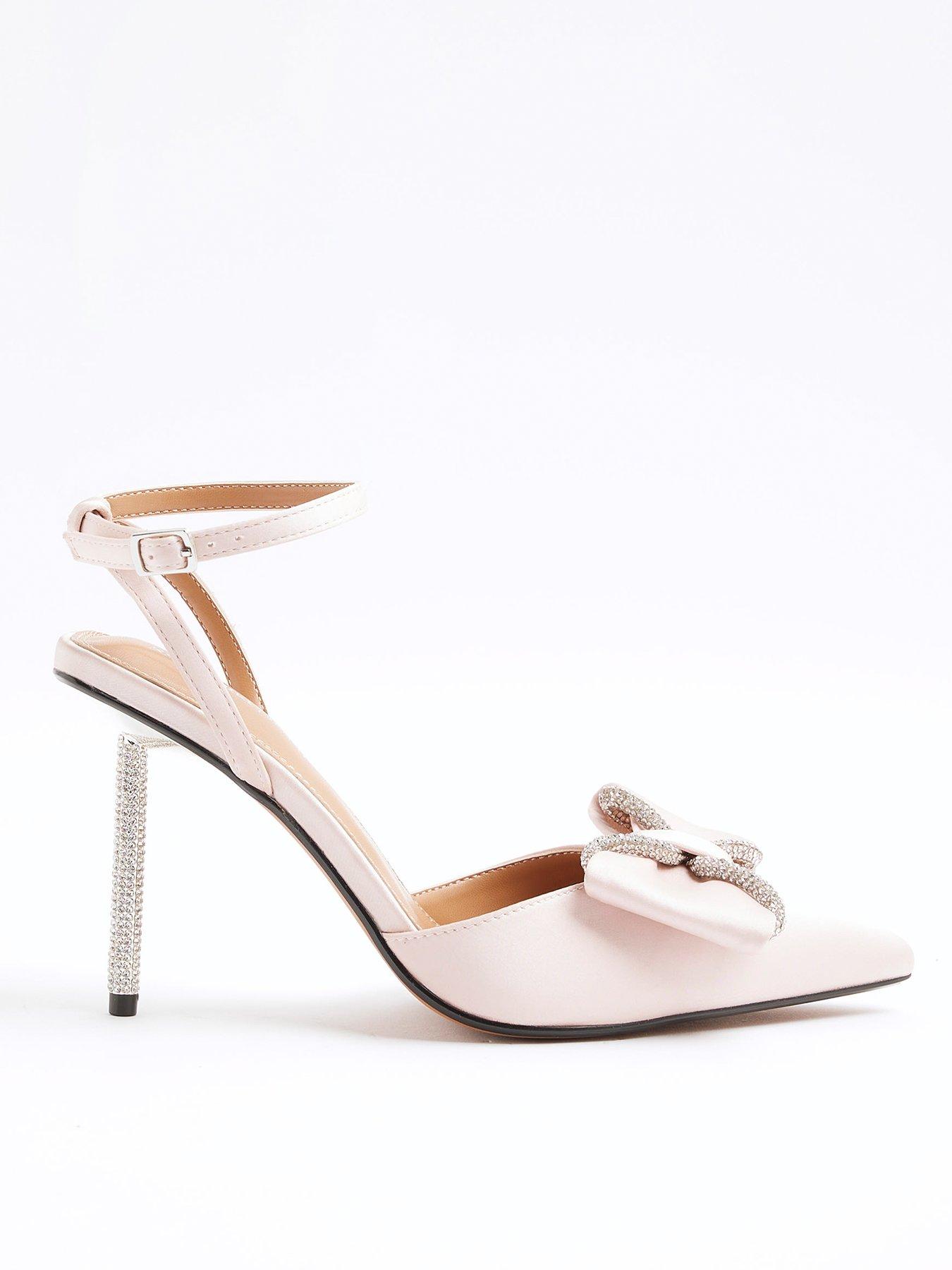 Image 1 of 5 of River Island Satin Bow Diamante Heel Court Shoe - Pink