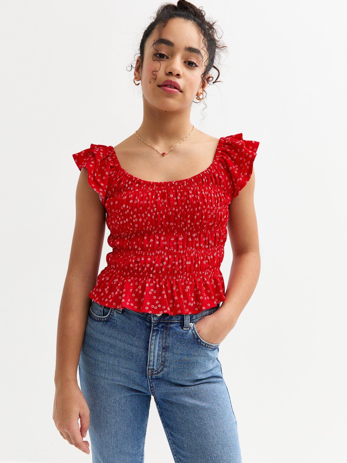 new-look-915-girls-floral-print-frilly-trim-shir-top-red