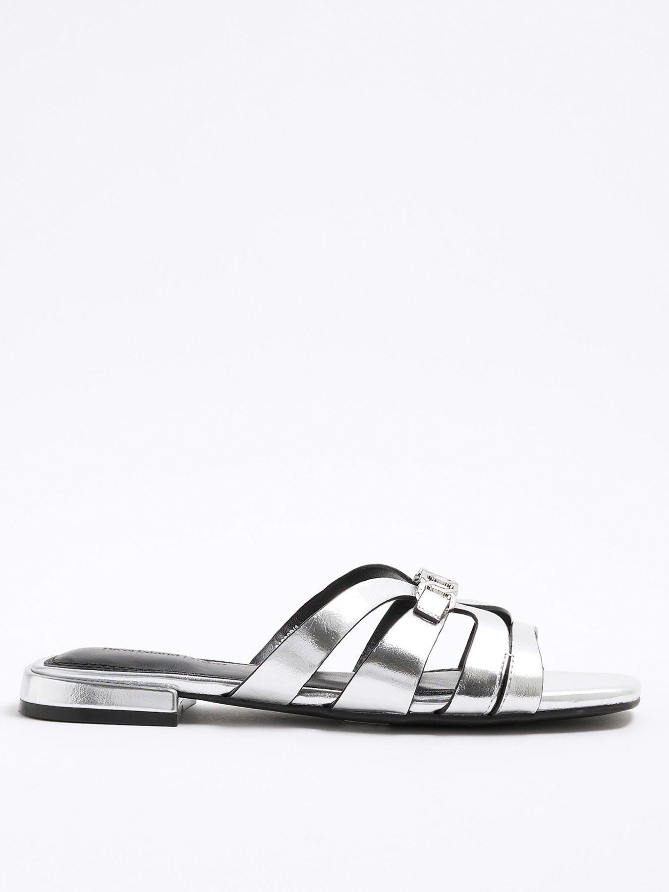 River Island Strappy Mule Flat Sandal - Silver