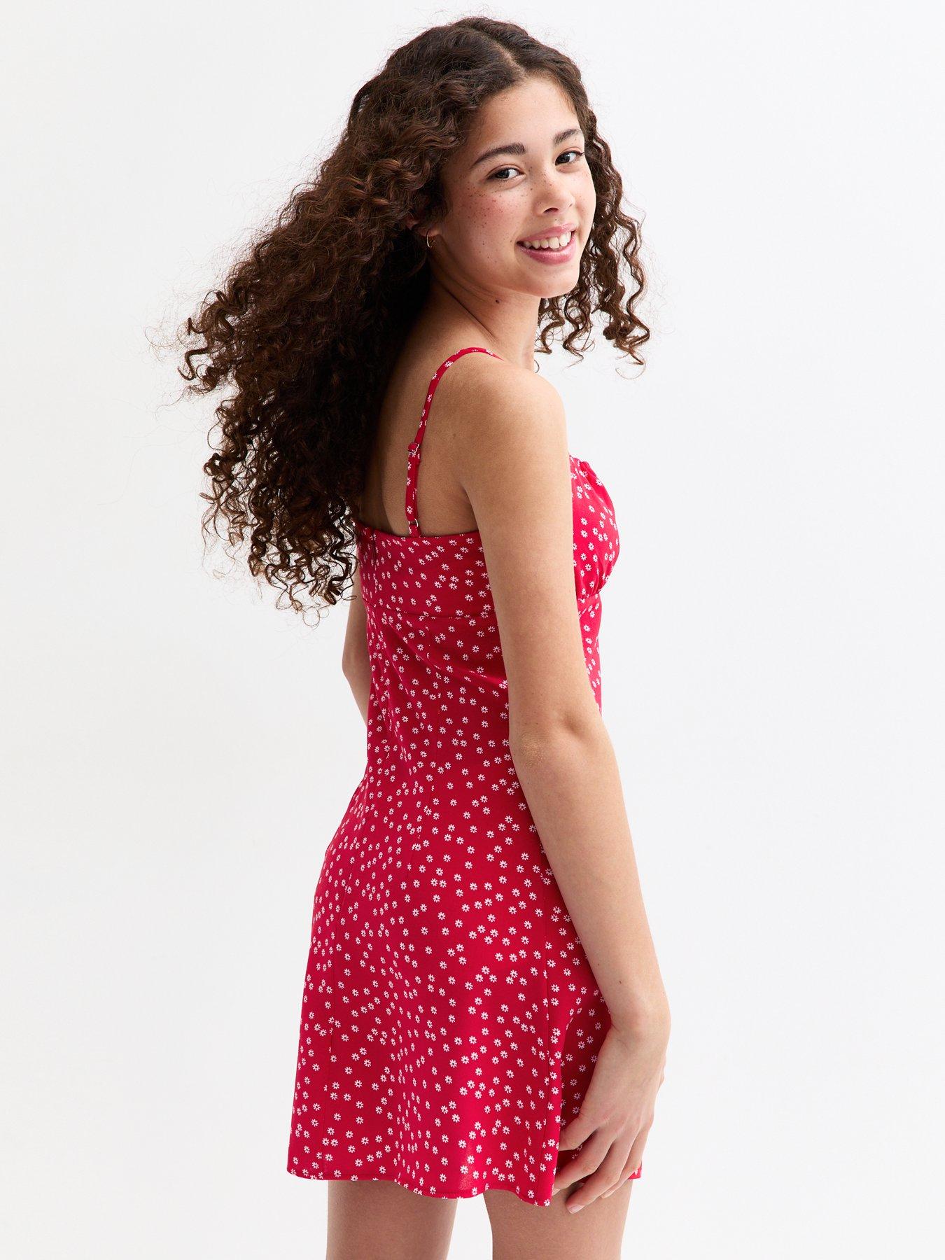 Image 2 of 4 of New Look 915 Girls Floral Print Ruched Strappy Dress - Red