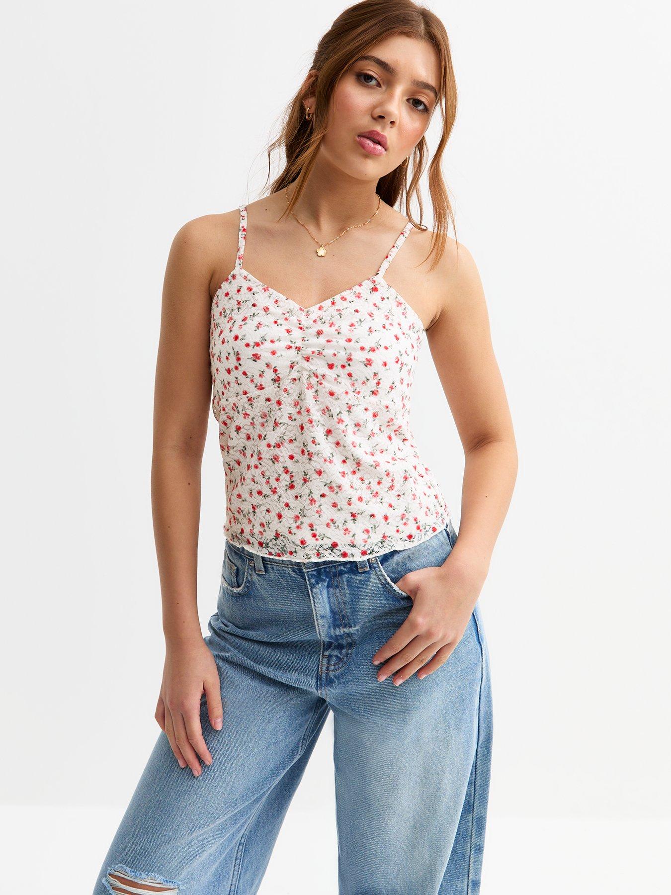 Image of New Look 915 Girls Floral Print Lace Cami Top - White