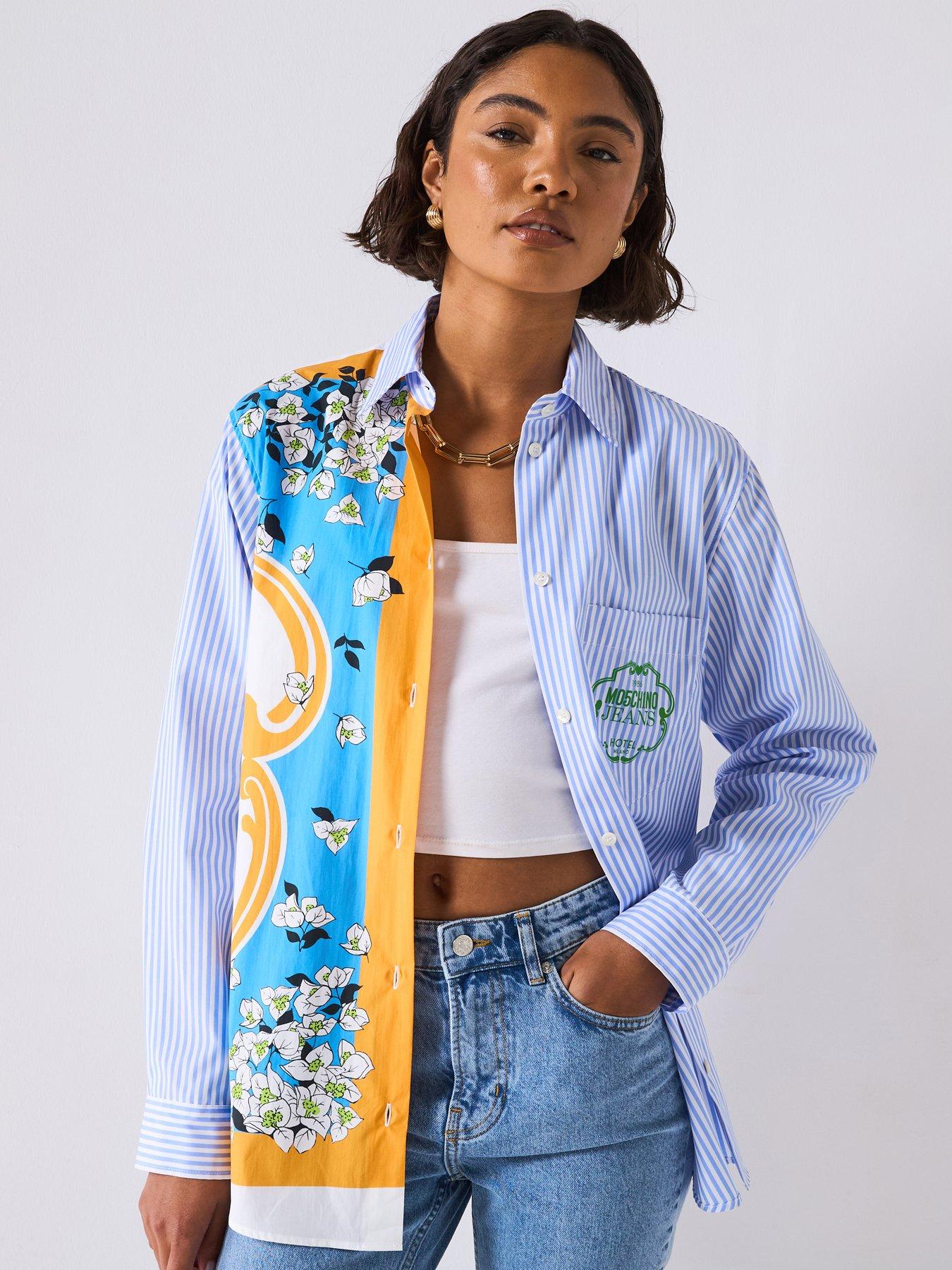 Image 1 of 6 of Moschino Jeans Striped Cotton Long Sleeve Shirt - Blue