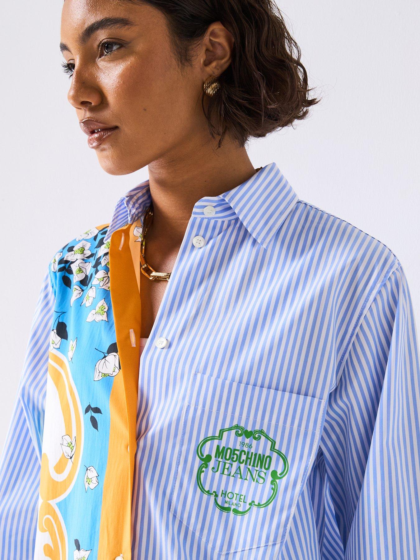 Image 4 of 6 of Moschino Jeans Striped Cotton Long Sleeve Shirt - Blue