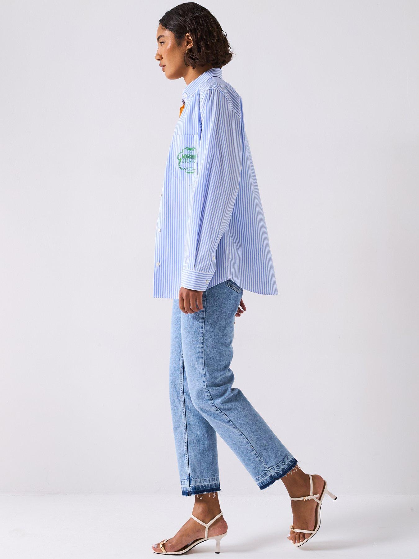 Image 5 of 6 of Moschino Jeans Striped Cotton Long Sleeve Shirt - Blue