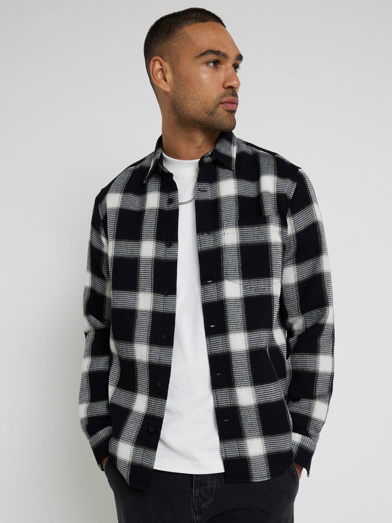 river-island-long-sleeve-micro-waffle-check-shirt-black