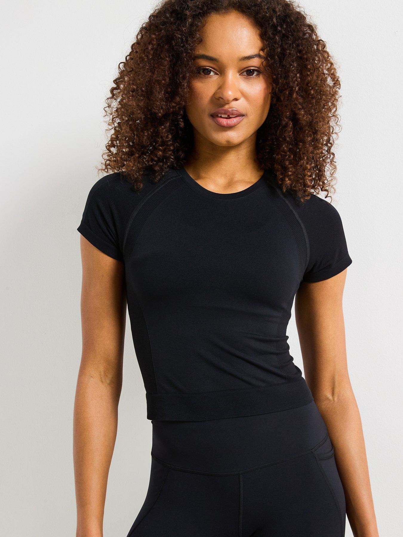 Sweaty Betty Womens Athlete Crop Seamless Workout Training T-Shirt - Black