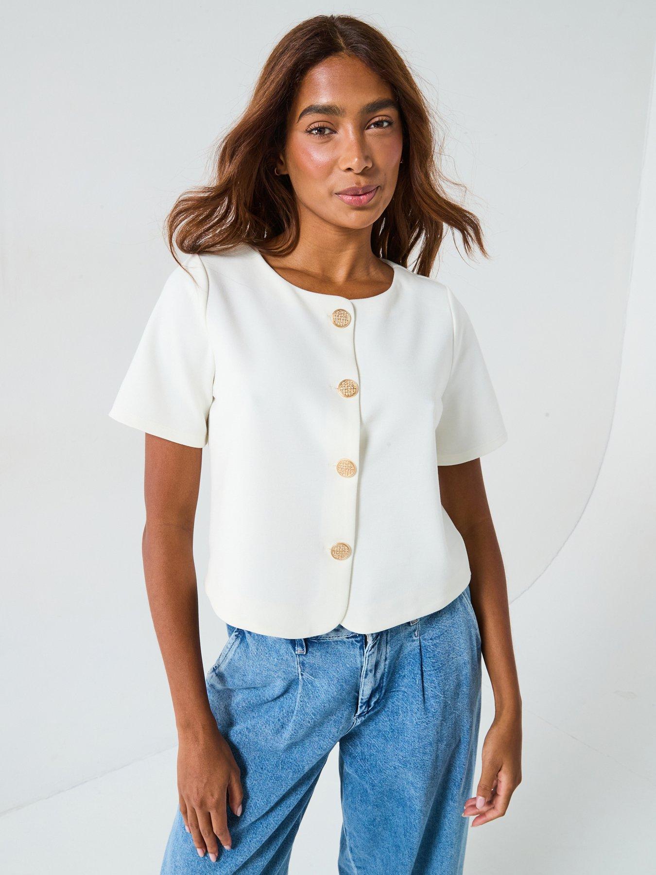 Image of V by Very Button Up Short Sleeve Top - Ecru