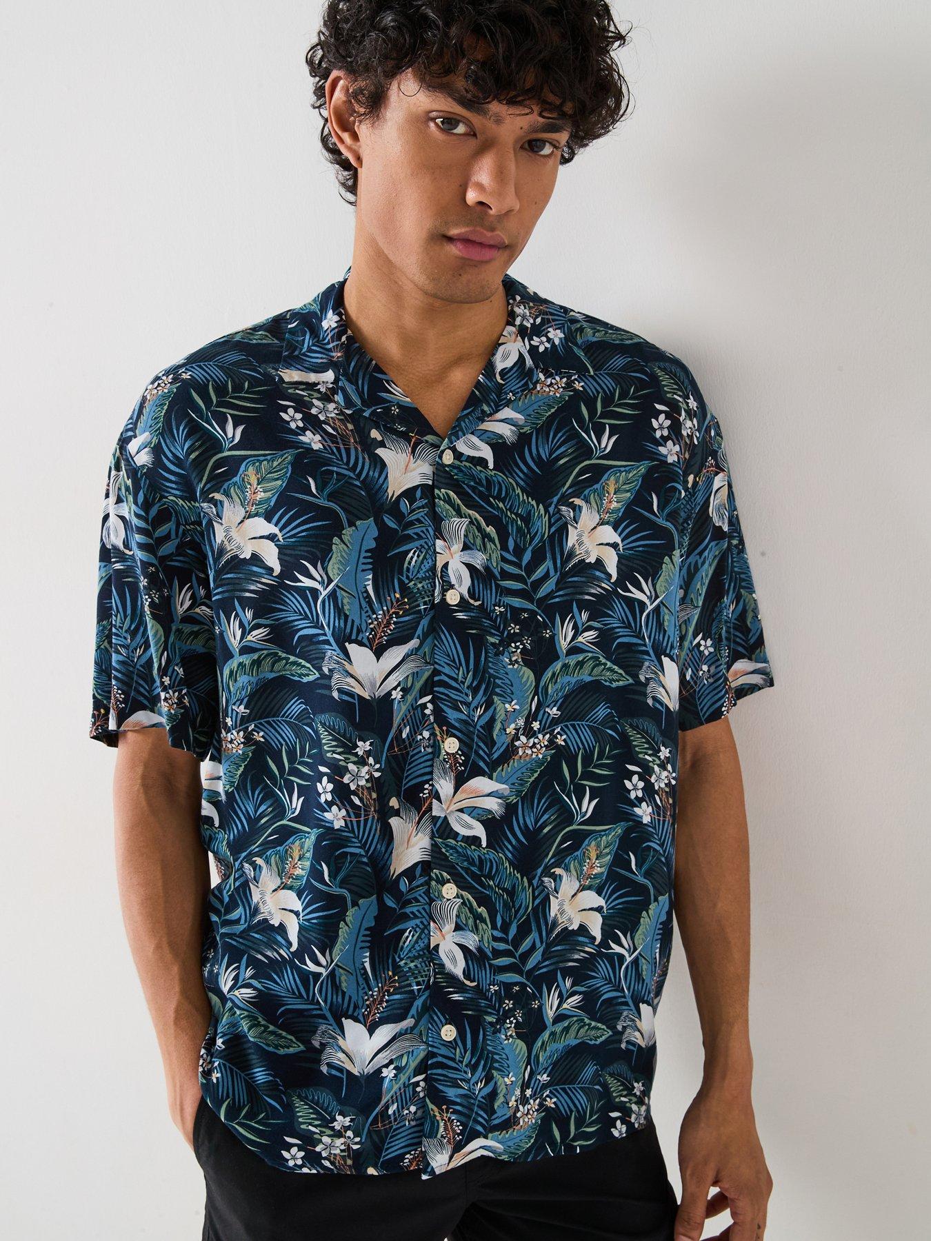 Image 1 of 6 of Jack & Jones Jeff Tropical Print Resort Shirt - Navy