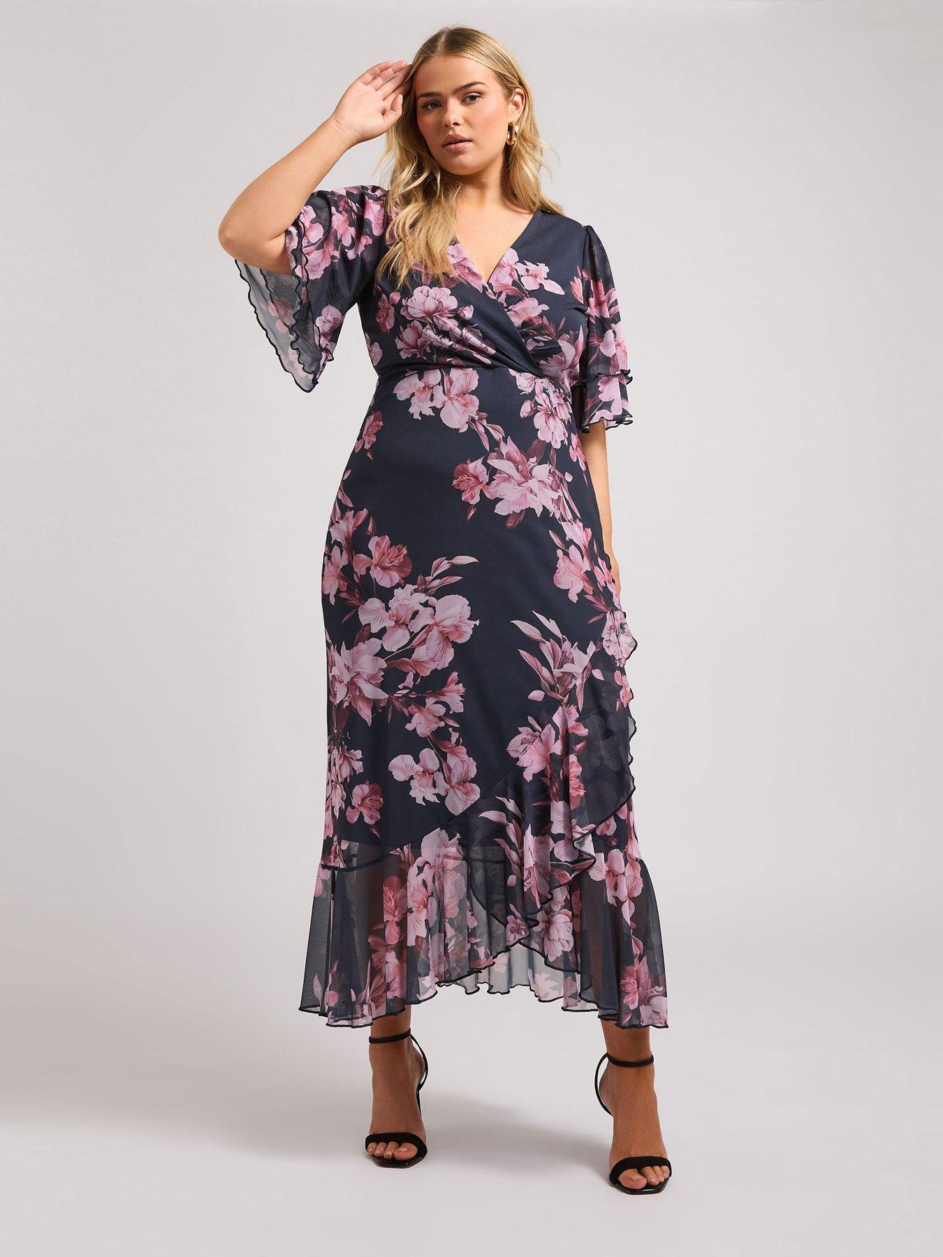 yours-curve-floral-print-ruffle-wrap-dress-blue