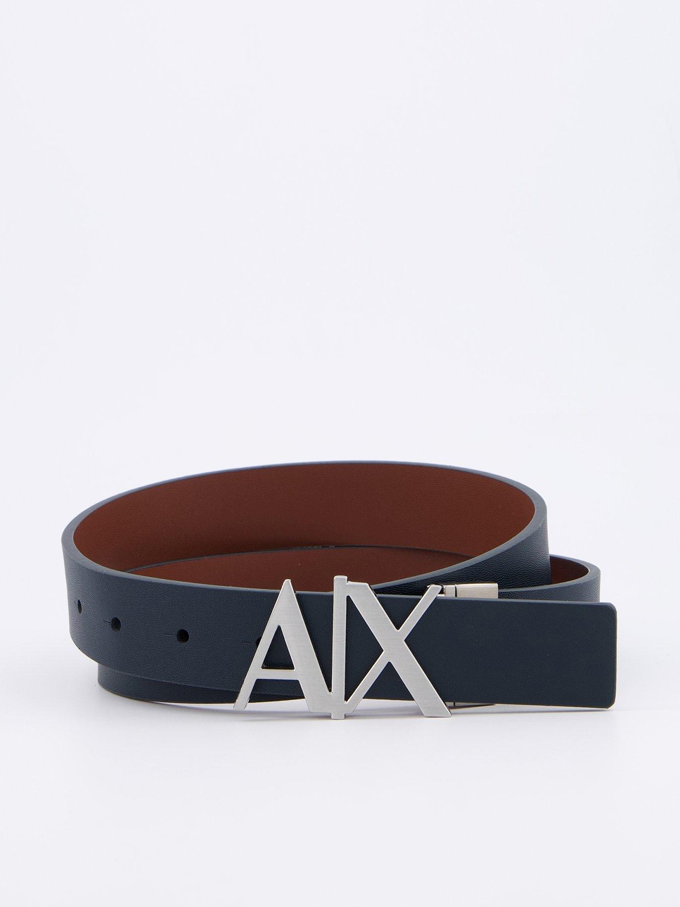 Image 1 of 4 of Armani Exchange Logo Buckle Reversible Leather Belt - Navy