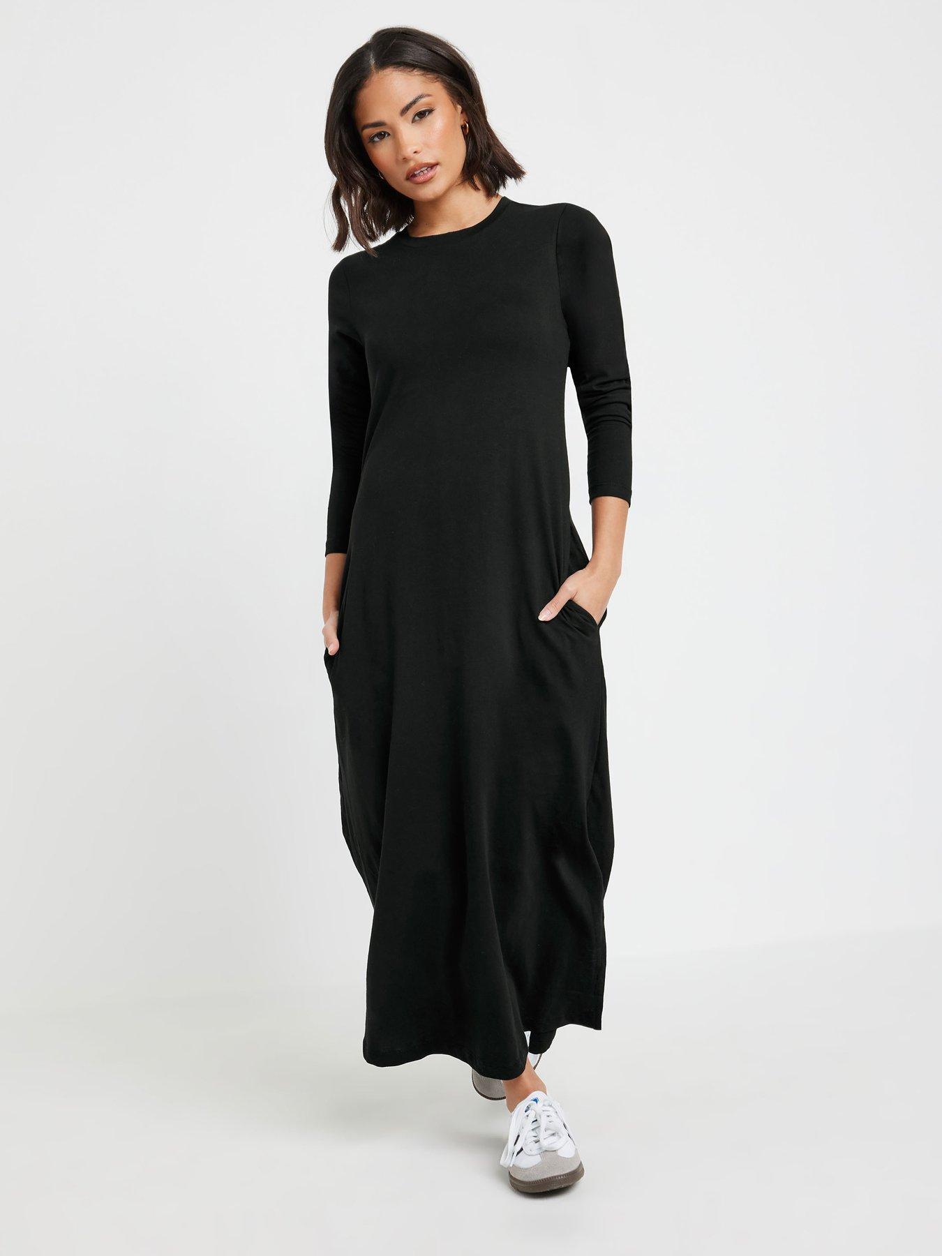 Image 1 of 4 of PixieGirl Petite Long Sleeve T Shirt Maxi Dress - Black
