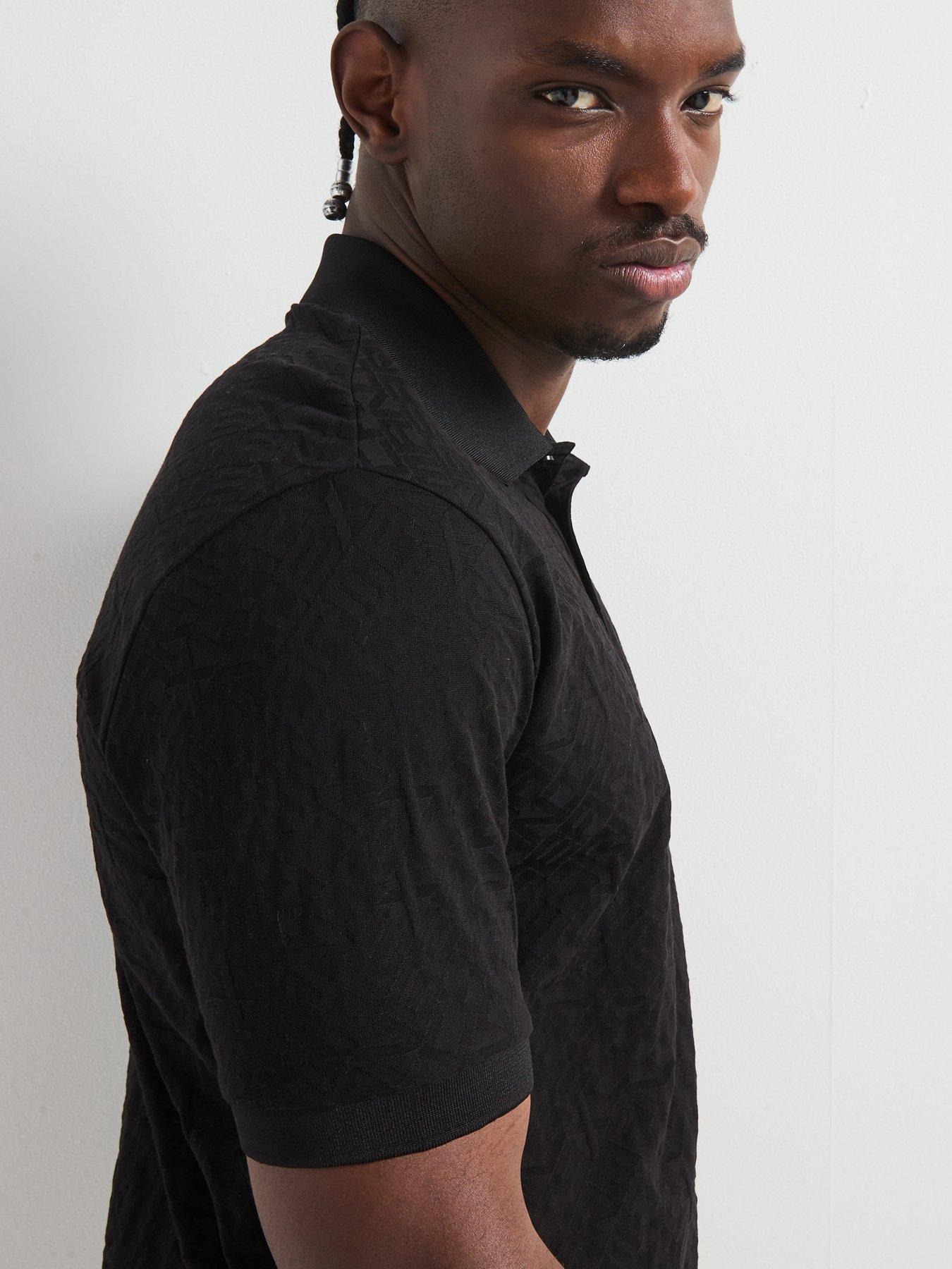 Image 5 of 5 of Armani Exchange Embossed Print Polo Shirt - Black
