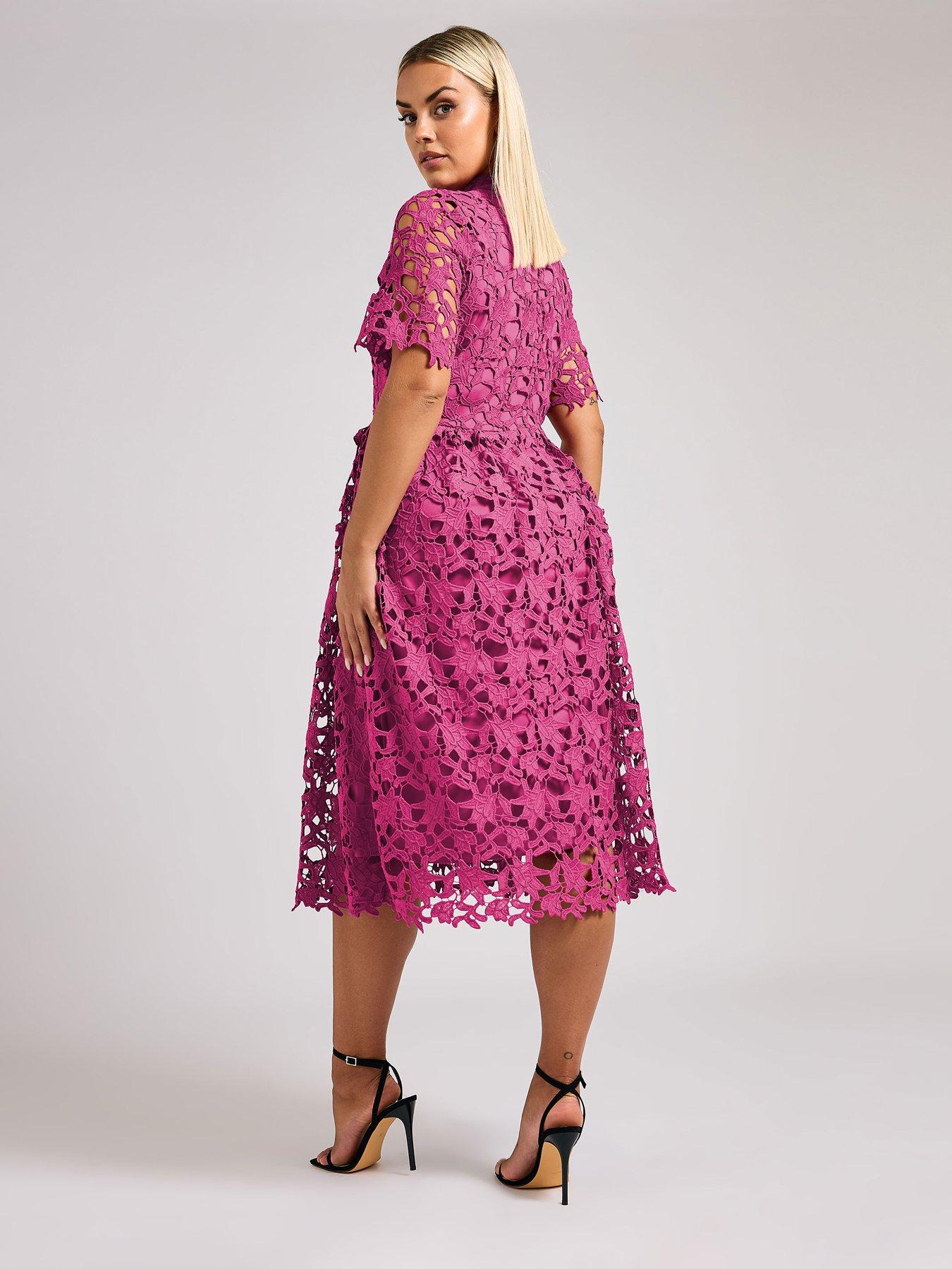 Image 2 of 4 of Yours Curve Lace Crochet Midi Dress - Pink