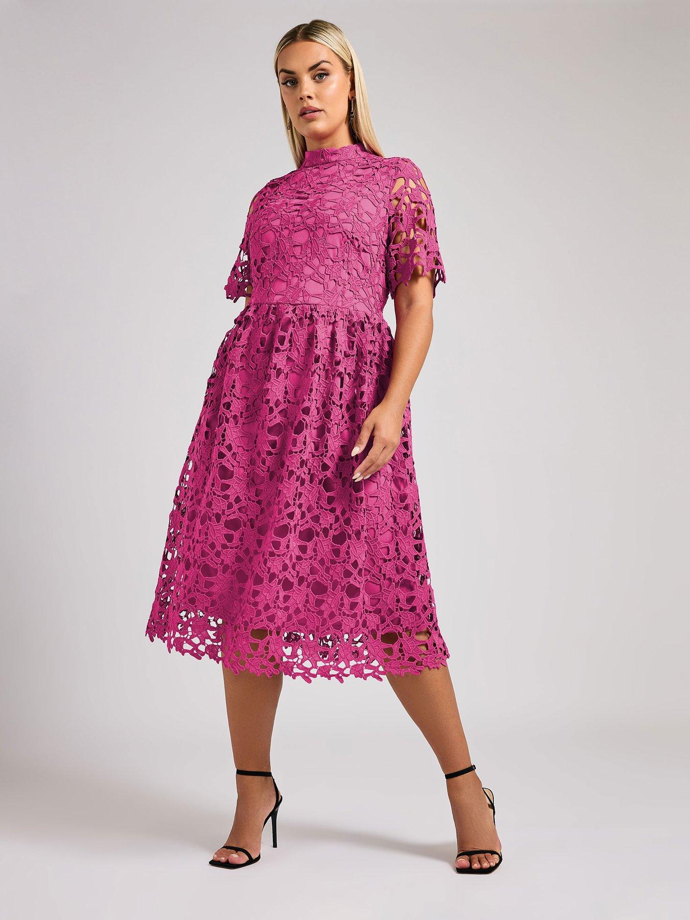 Image 3 of 4 of Yours Curve Lace Crochet Midi Dress - Pink
