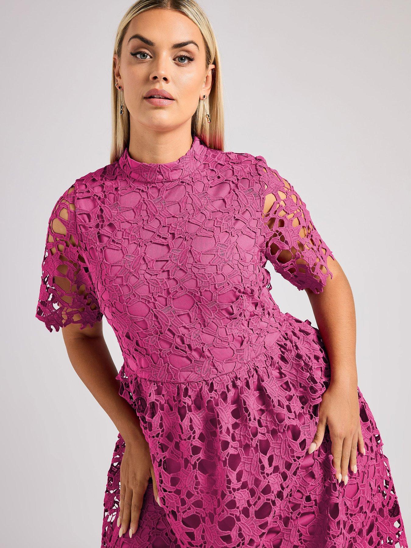 Image 4 of 4 of Yours Curve Lace Crochet Midi Dress - Pink
