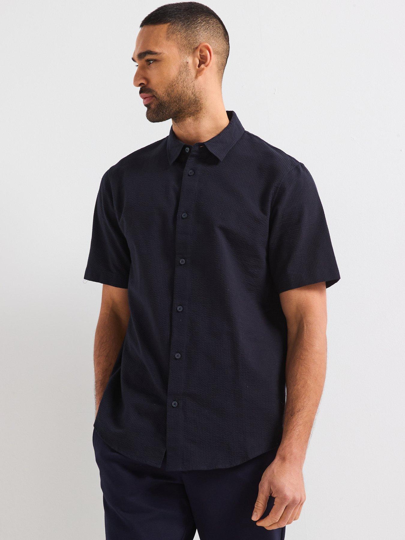 Image 1 of 6 of Armani Exchange Short Sleeve Seersucker Shirt - Navy