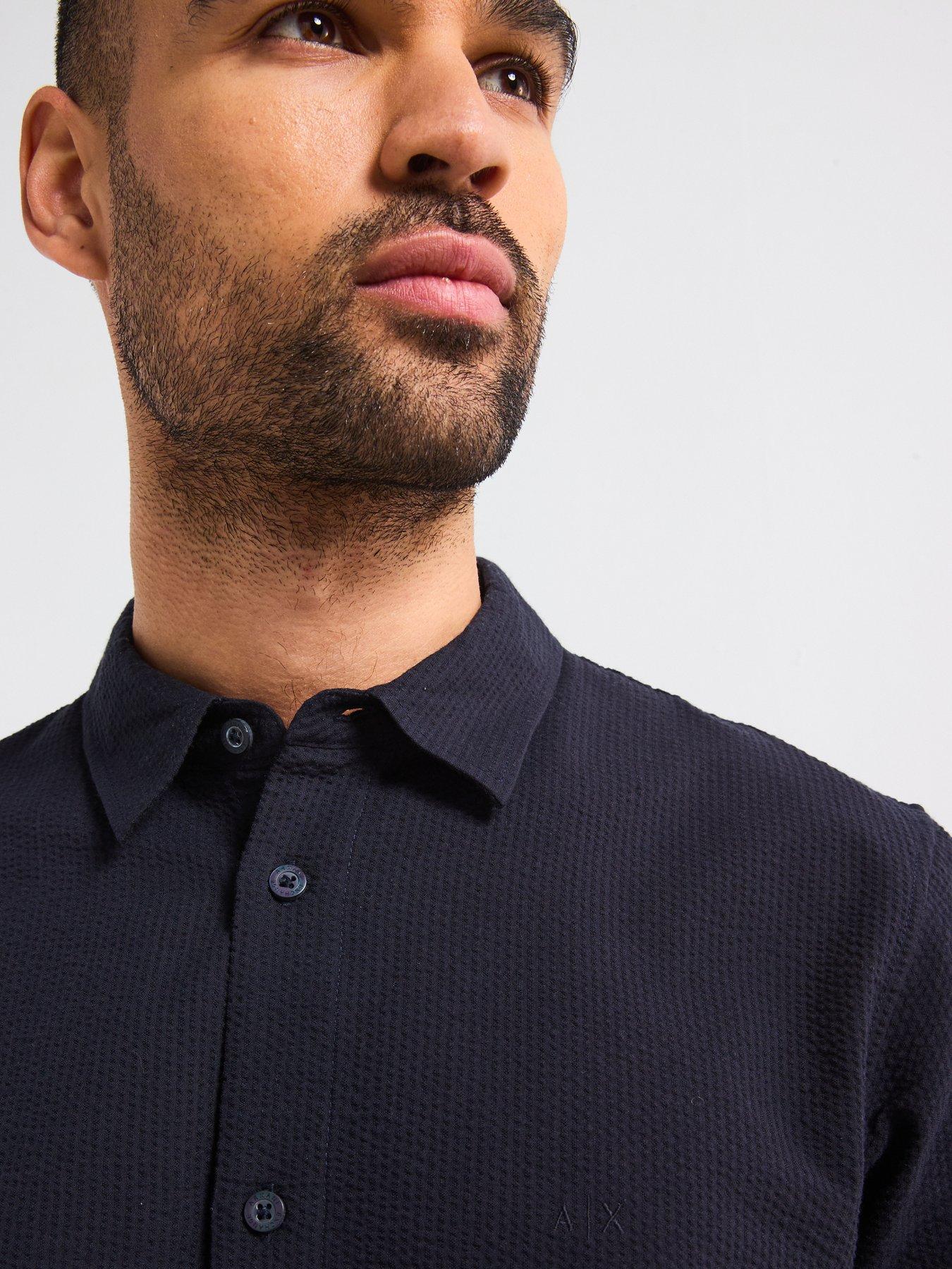 Image 5 of 6 of Armani Exchange Short Sleeve Seersucker Shirt - Navy