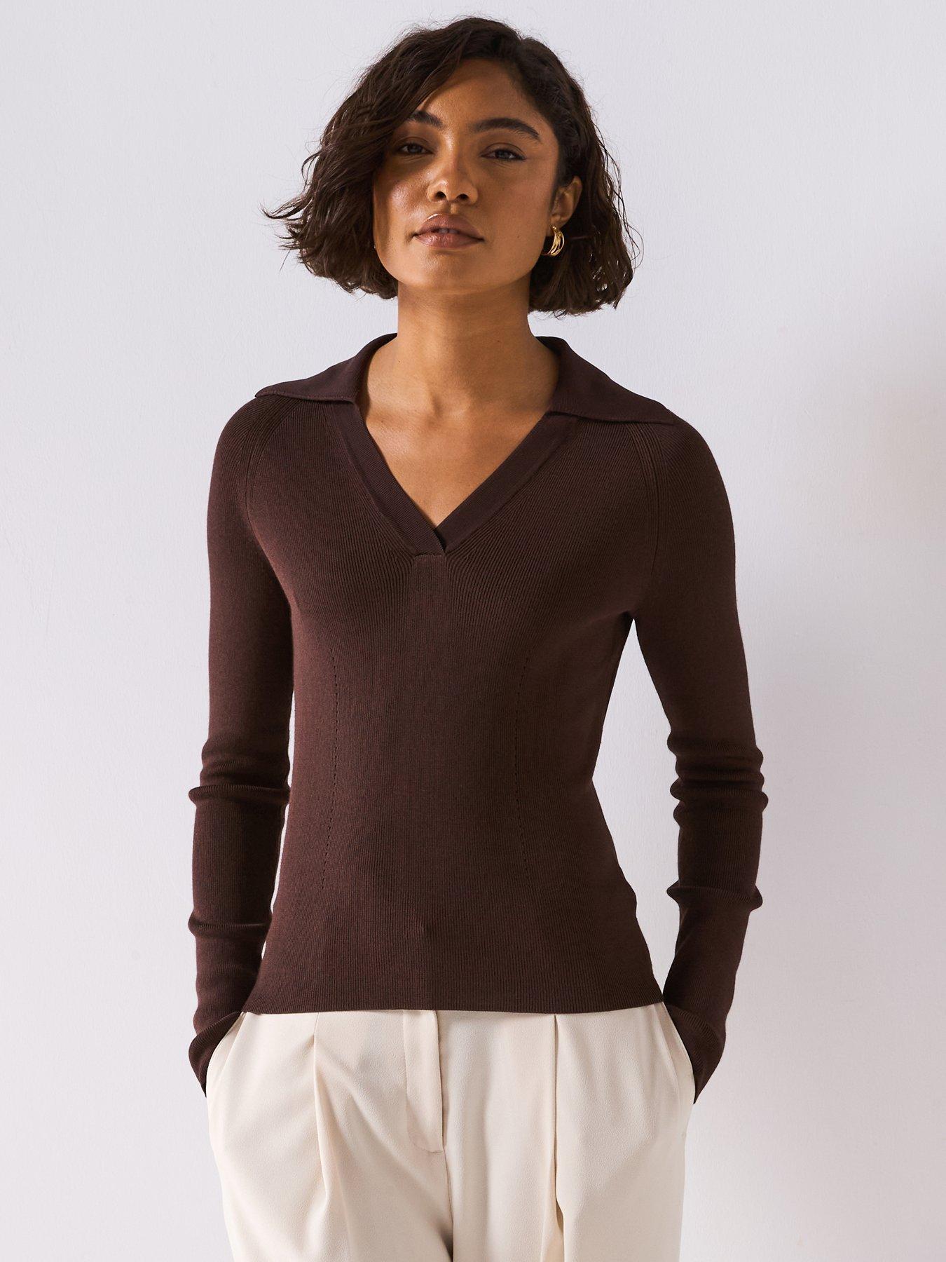 joseph-rib-knit-polo-top-dark-brownfront