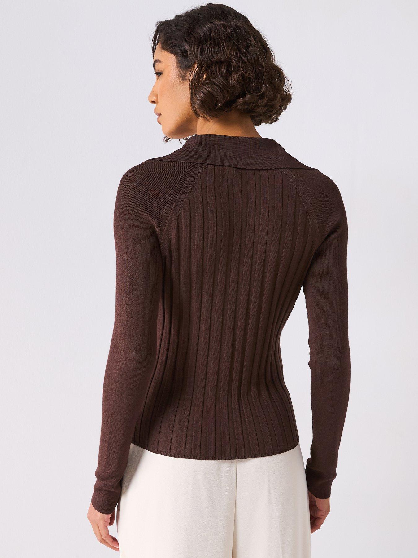 joseph-rib-knit-polo-top-dark-brownstillFront