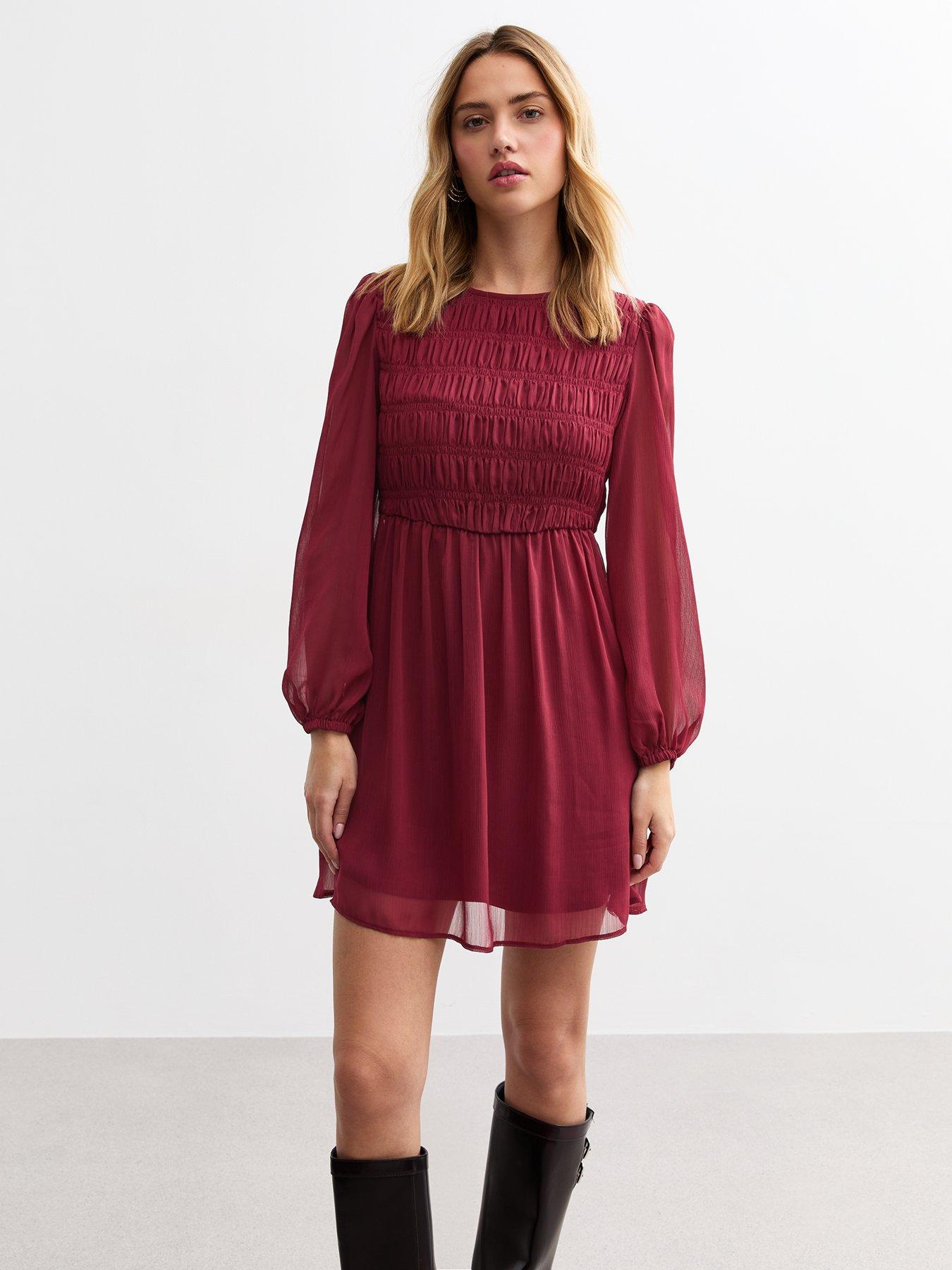 new-look-burgundy-shirred-chiffon-mini-dress-red