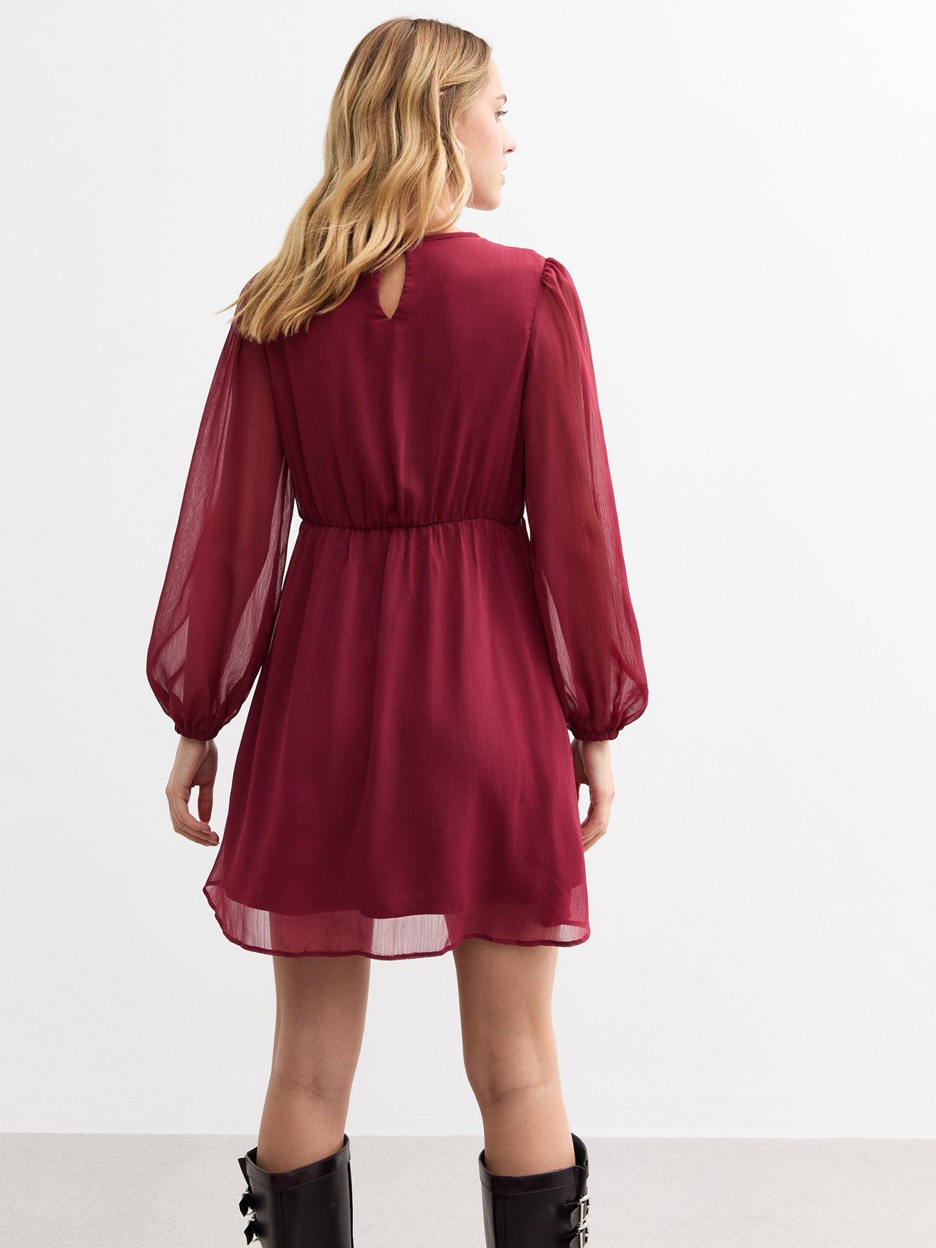 new-look-burgundy-shirred-chiffon-mini-dress-redstillFront