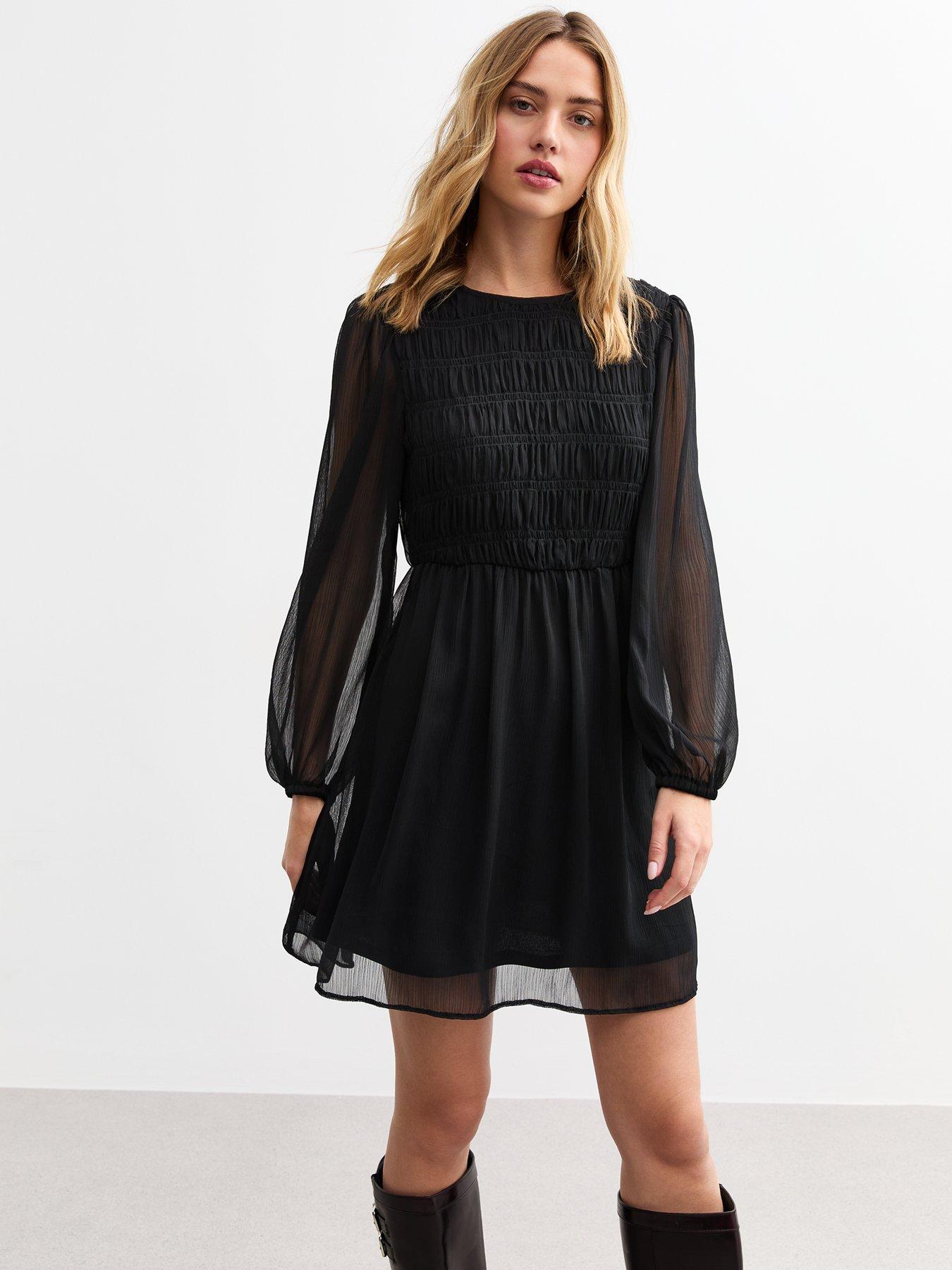 new-look-shirred-chiffon-mini-dress-black