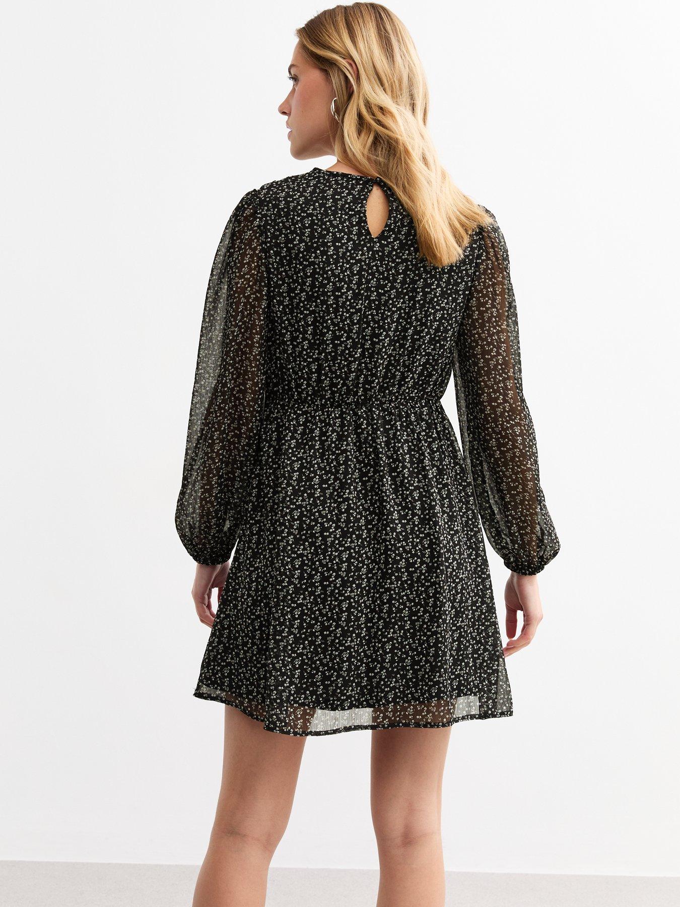 new-look-floral-print-shirred-chiffon-mini-dress-blackstillFront