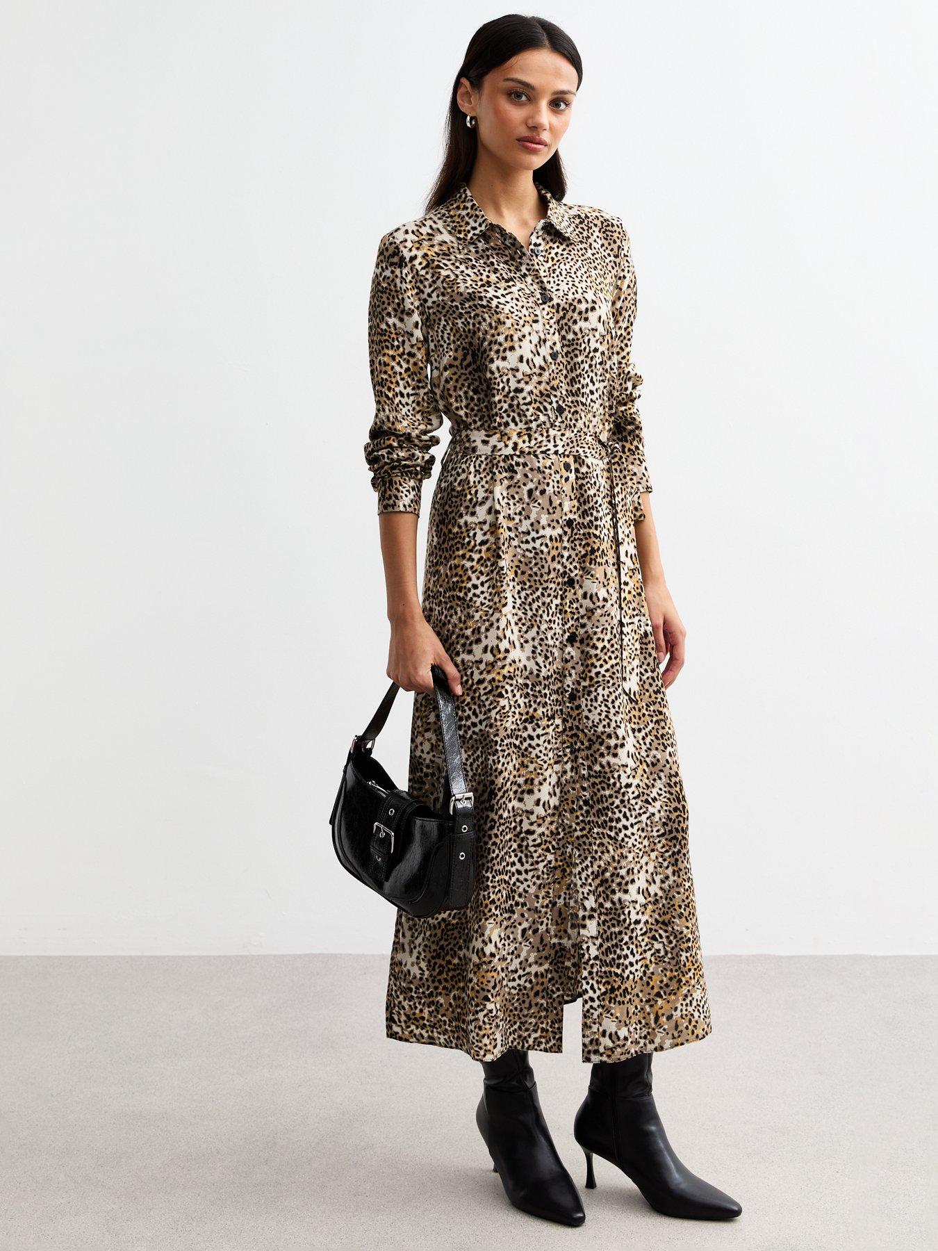 knee length dresses for ladies Animal Print Belted Button-front Midi Shirt Dress main image 1