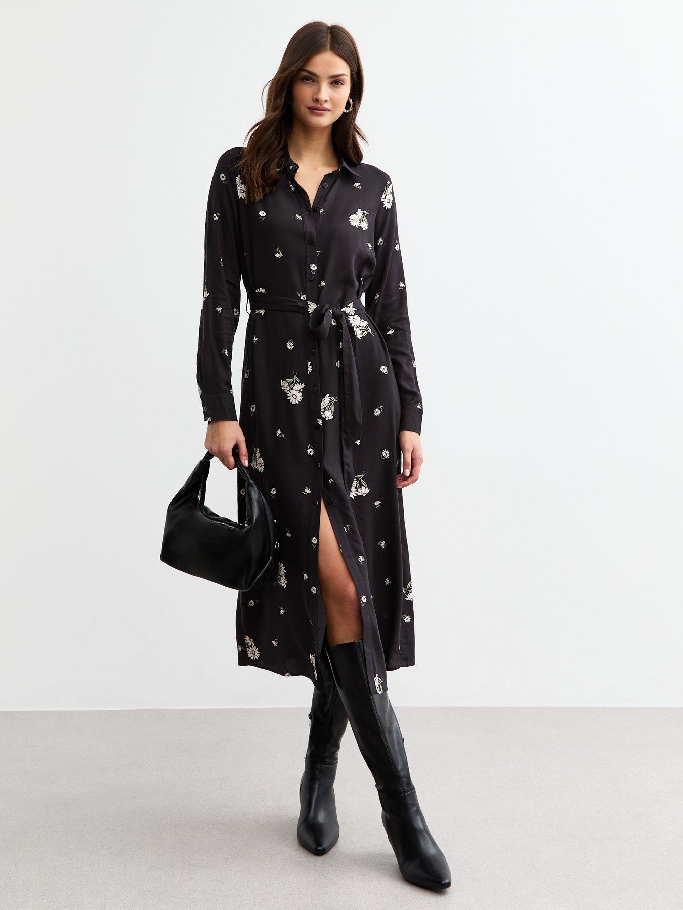 new-look-daisy-print-belted-midi-shirt-dress-black