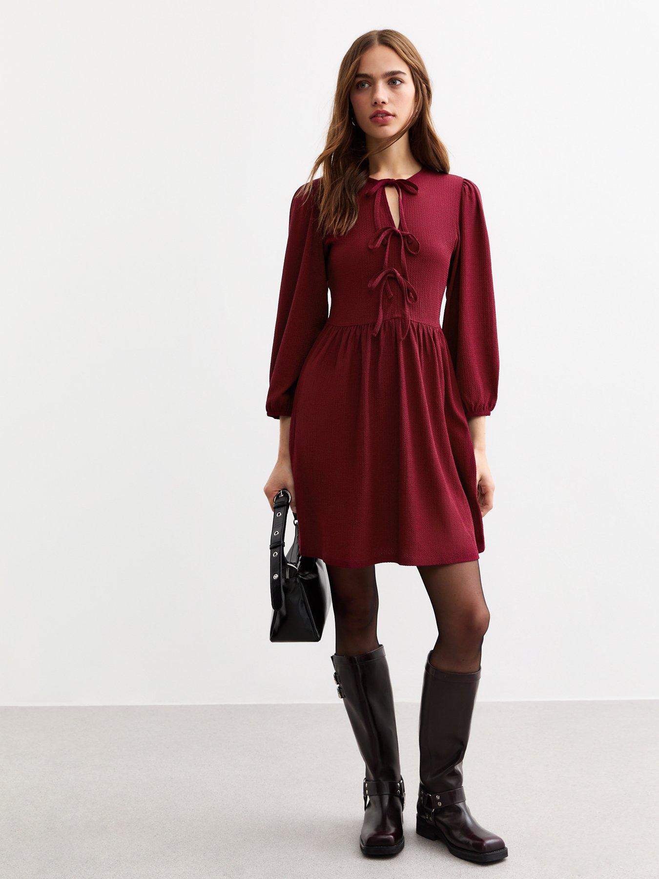 new-look-burgundy-tie-front-textured-jersey-mini-dressfront