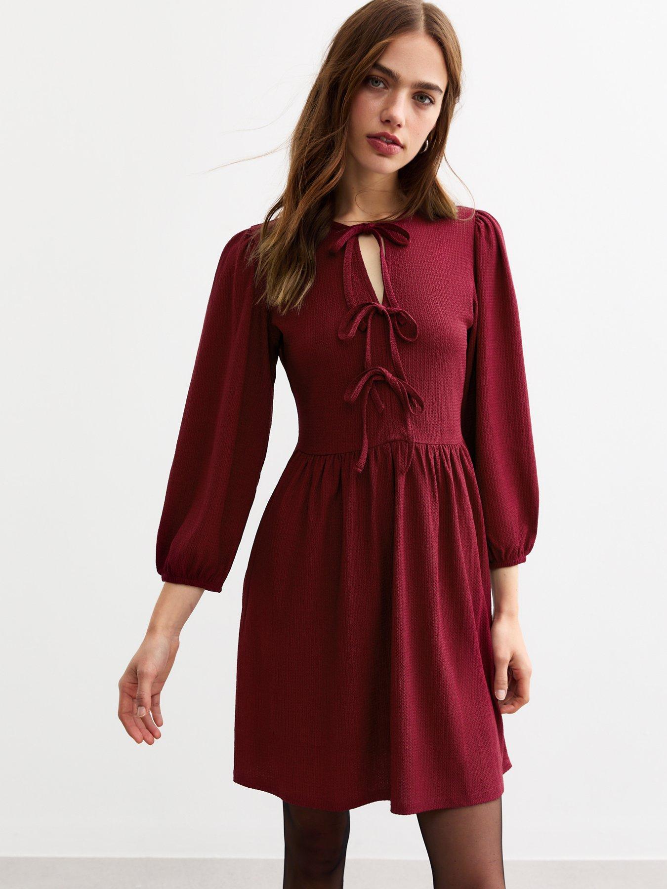 new-look-burgundy-tie-front-textured-jersey-mini-dressback