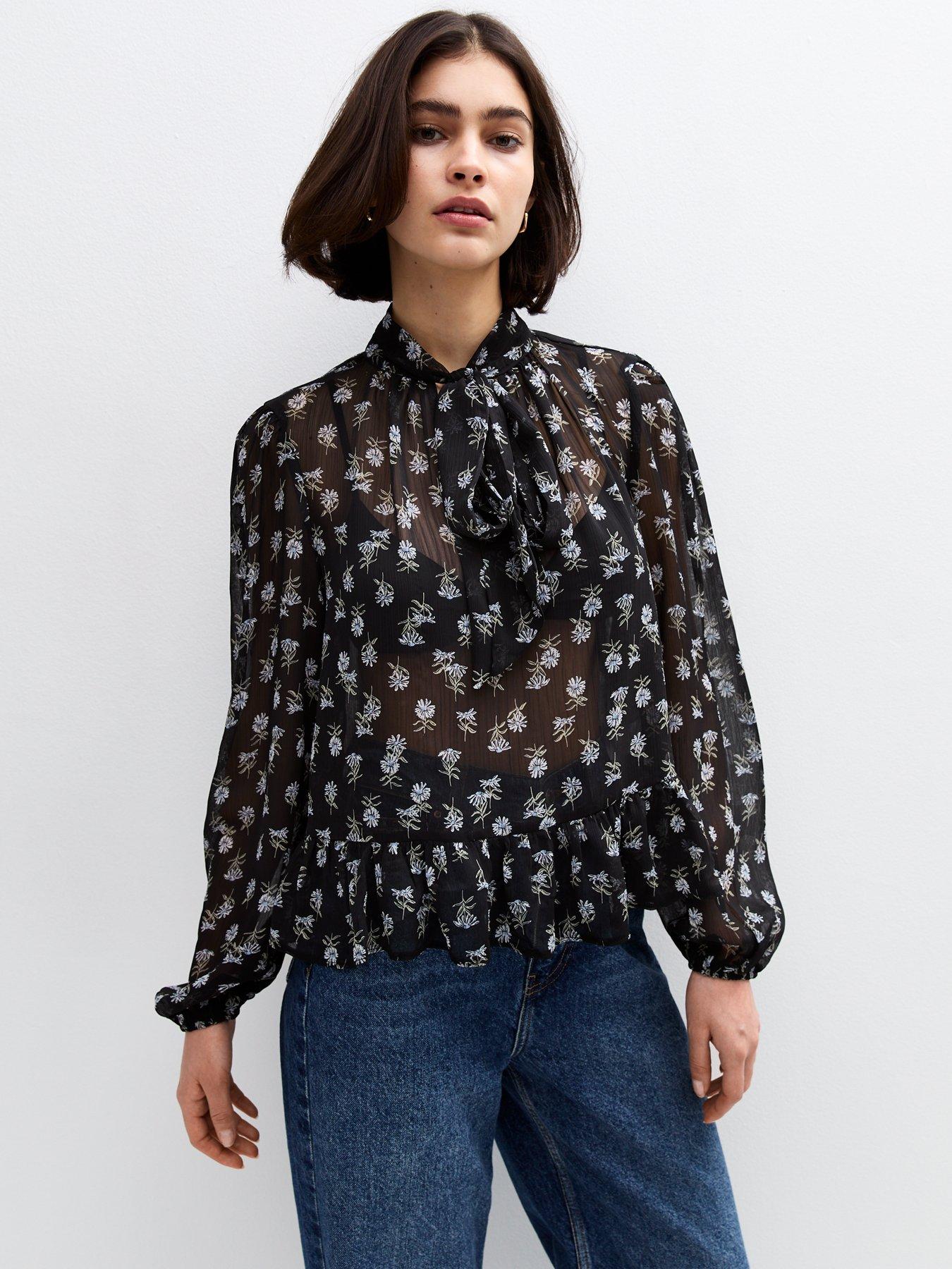 new-look-floral-print-sheer-pussybow-blouse-black