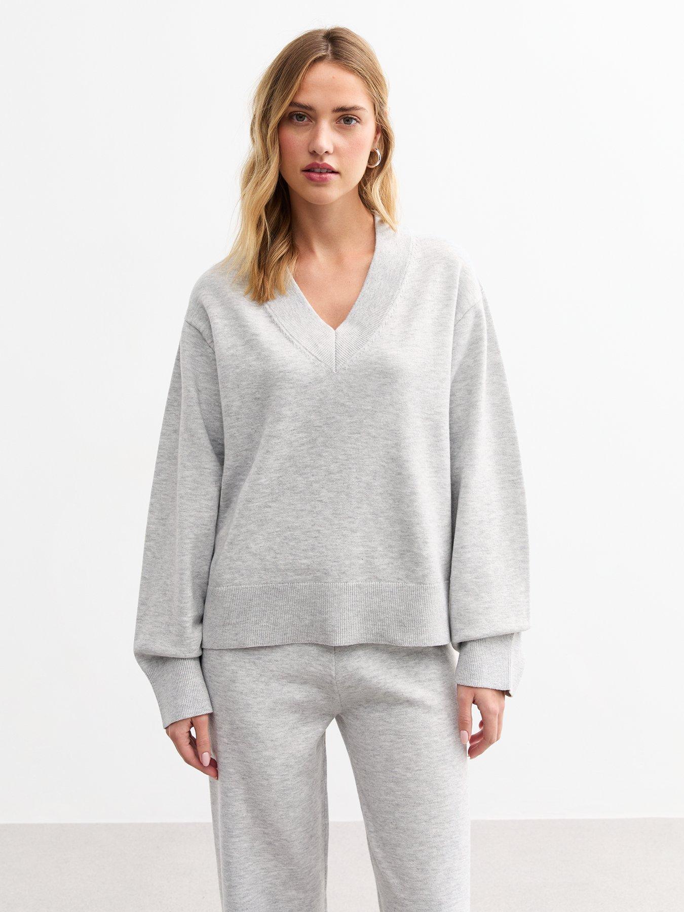 undefined V-Neck Slit Hem Jumper - Grey