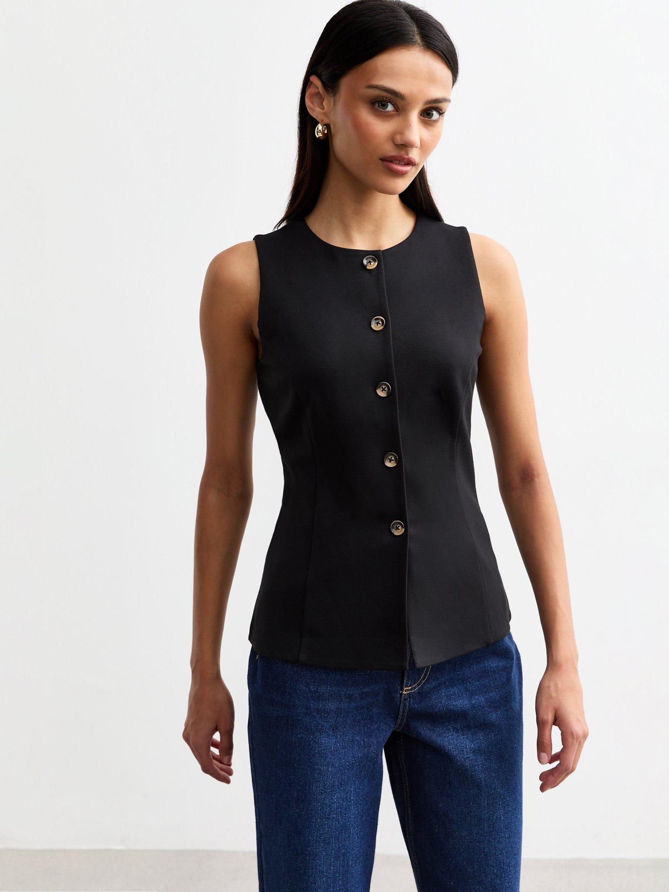 New Look Buttoned Crew Neck Ponte Waistcoat - Black