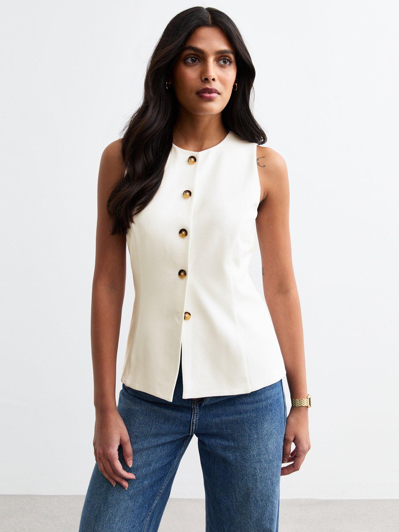 Image of New Look Buttoned Crew Neck Ponte Waistcoat - White