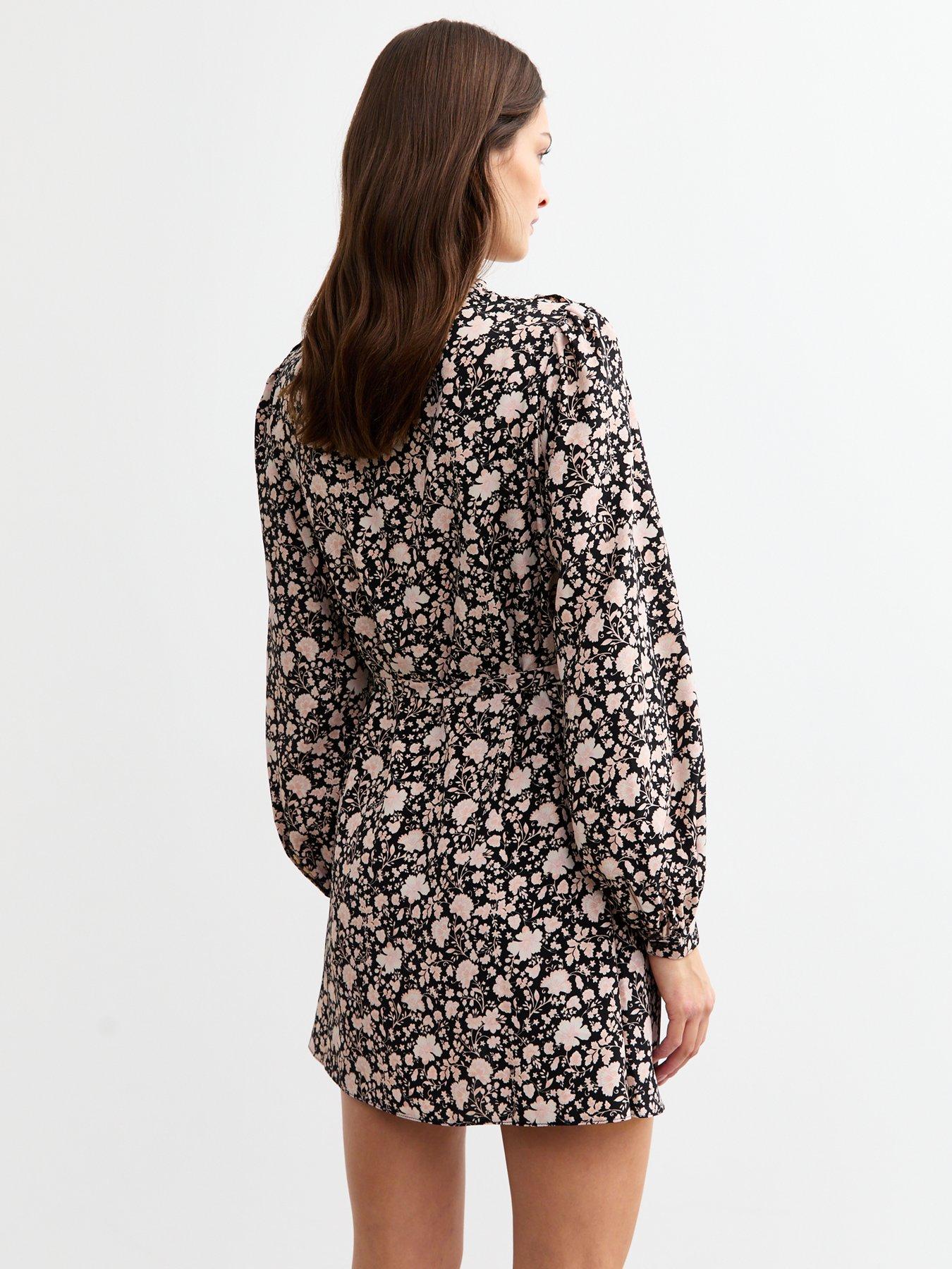 new-look-black-floral-print-tie-neck-mini-dressstillFront