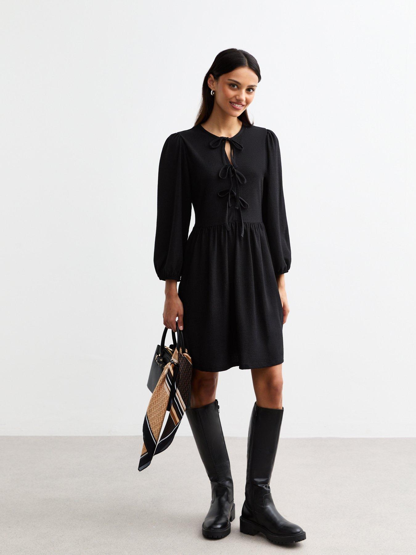 new-look-tie-front-textured-jersey-mini-dress-black