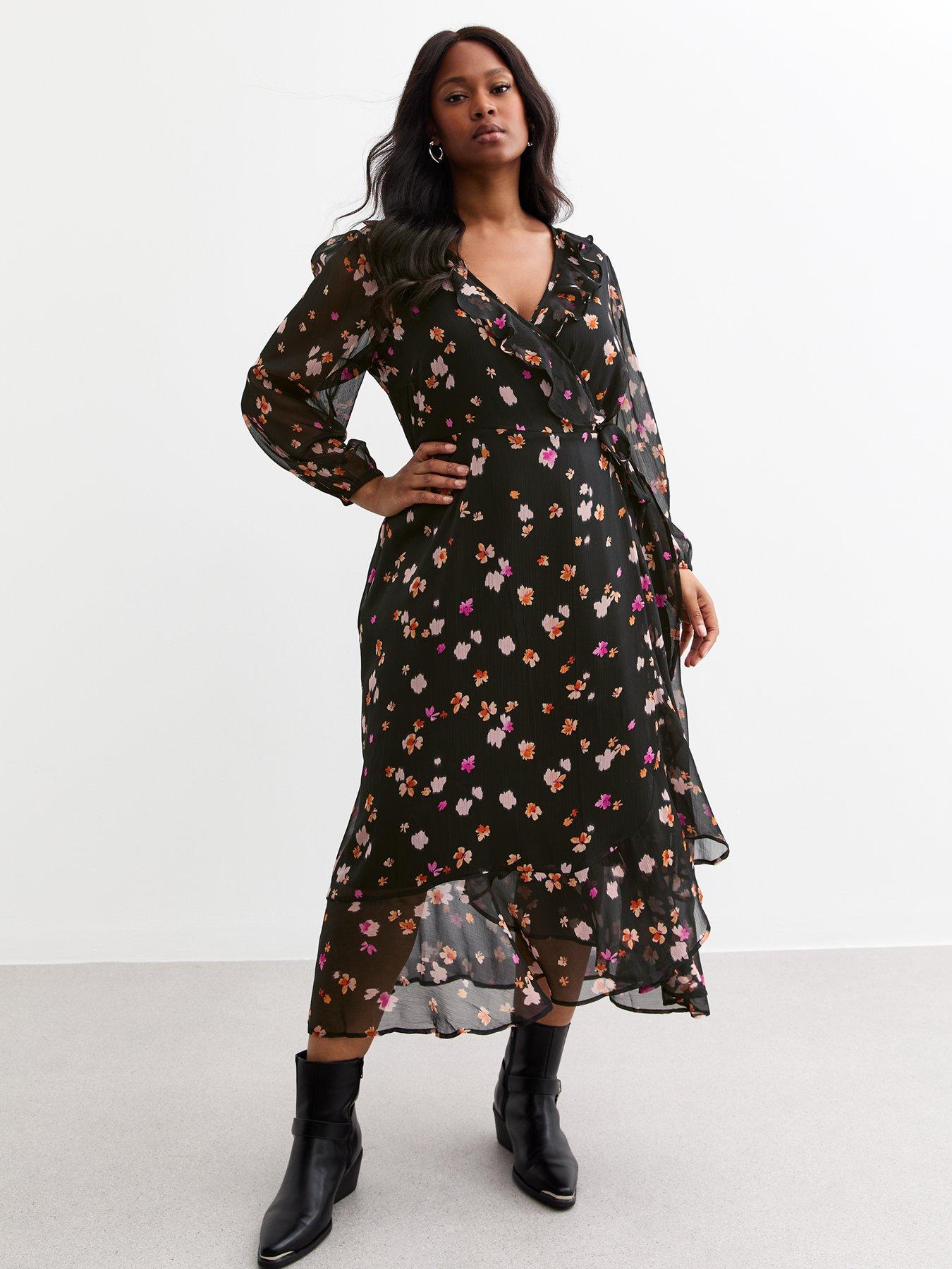 new-look-floral-print-chiffon-wrap-midi-dress-black