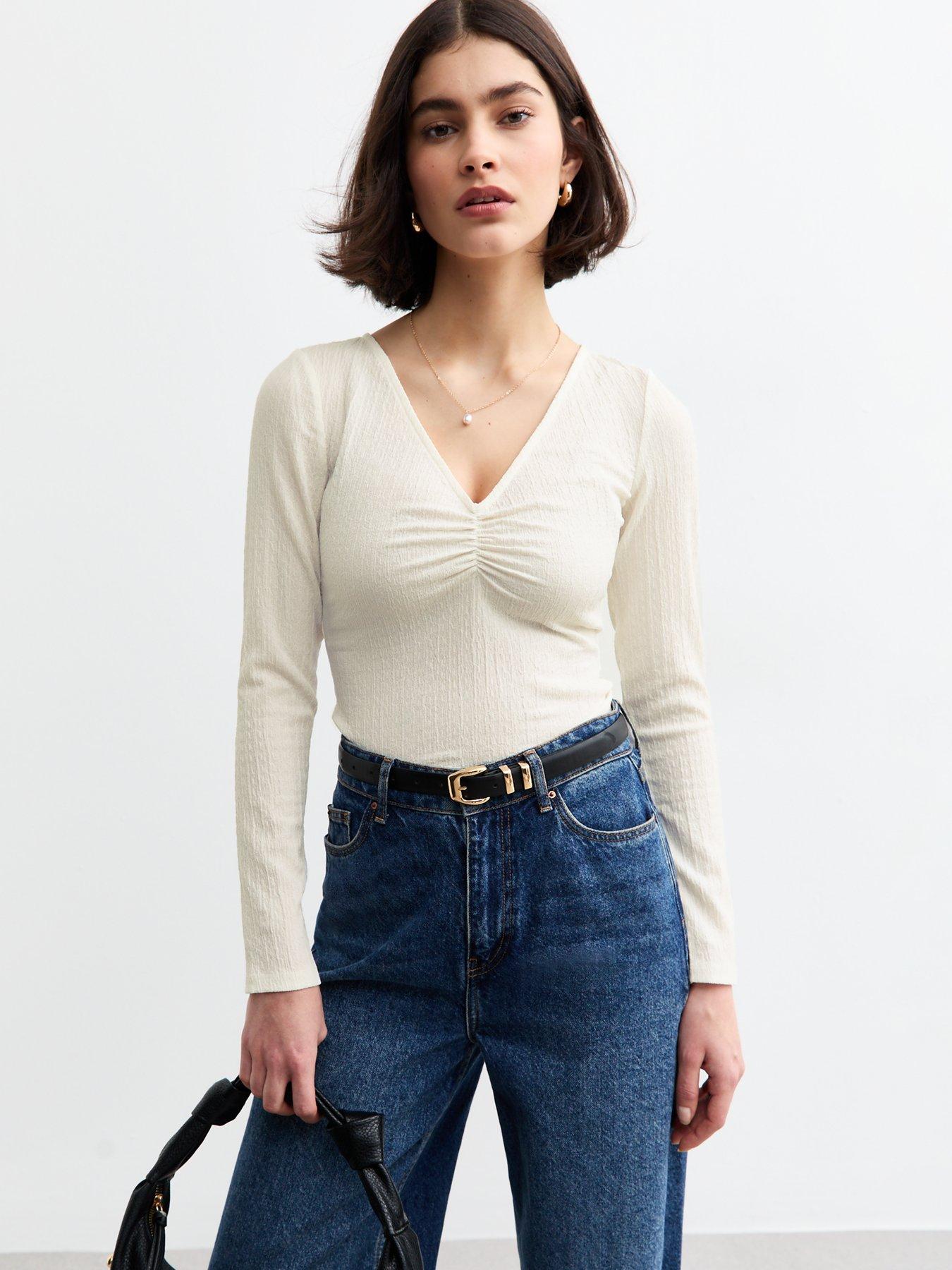 new-look-cream-textured-v-neck-top