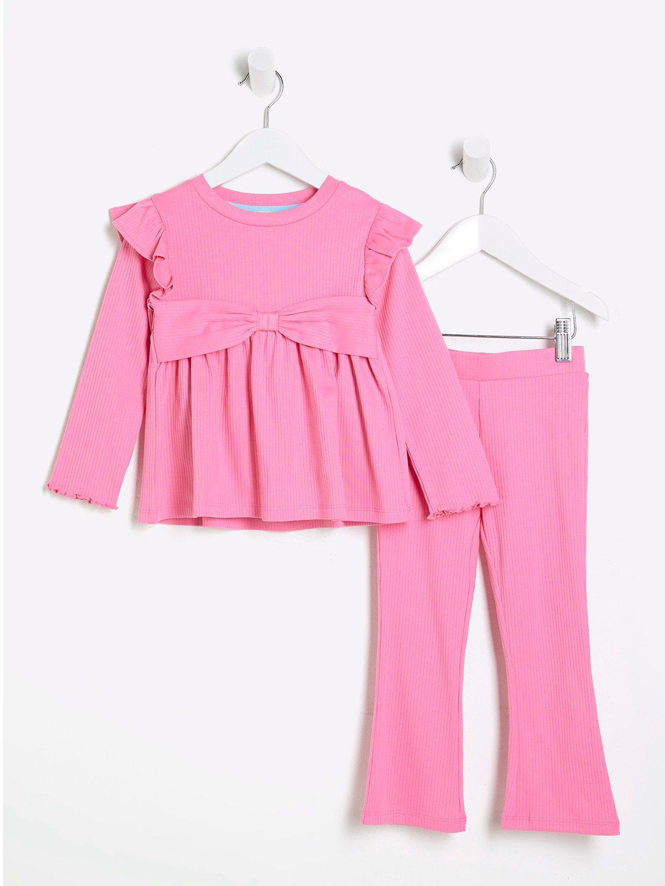 Image 1 of 5 of River Island Mini Mini Girls Peplum Bow Top Set - Pink