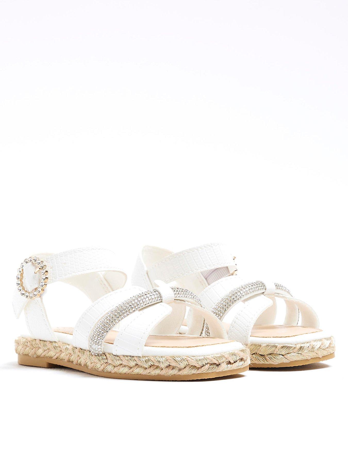Image 1 of 4 of River Island Mini Mini Girl Faux Leather Sandals - White