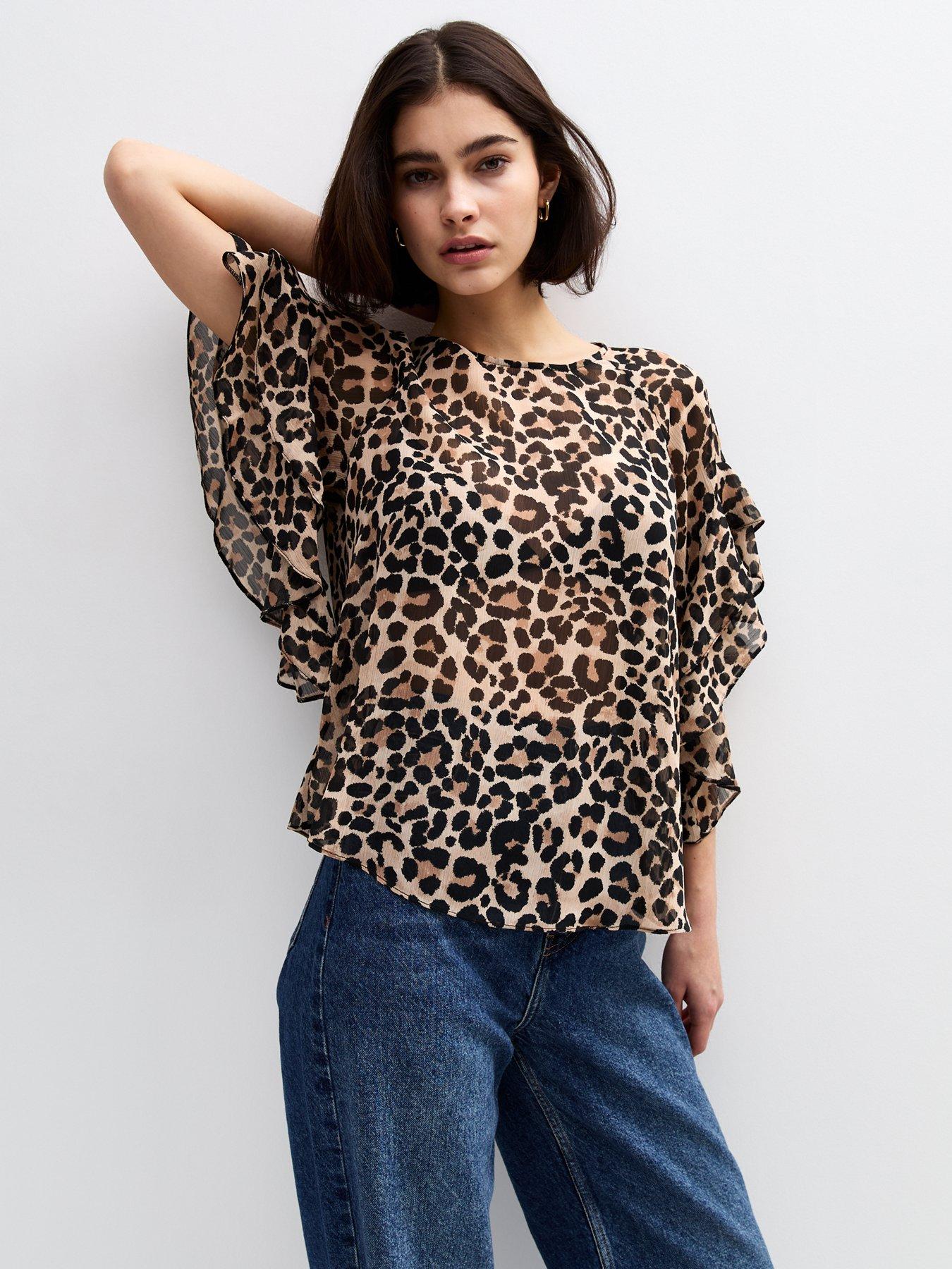 new-look-brown-leopard-print-frill-sleeve-blouse