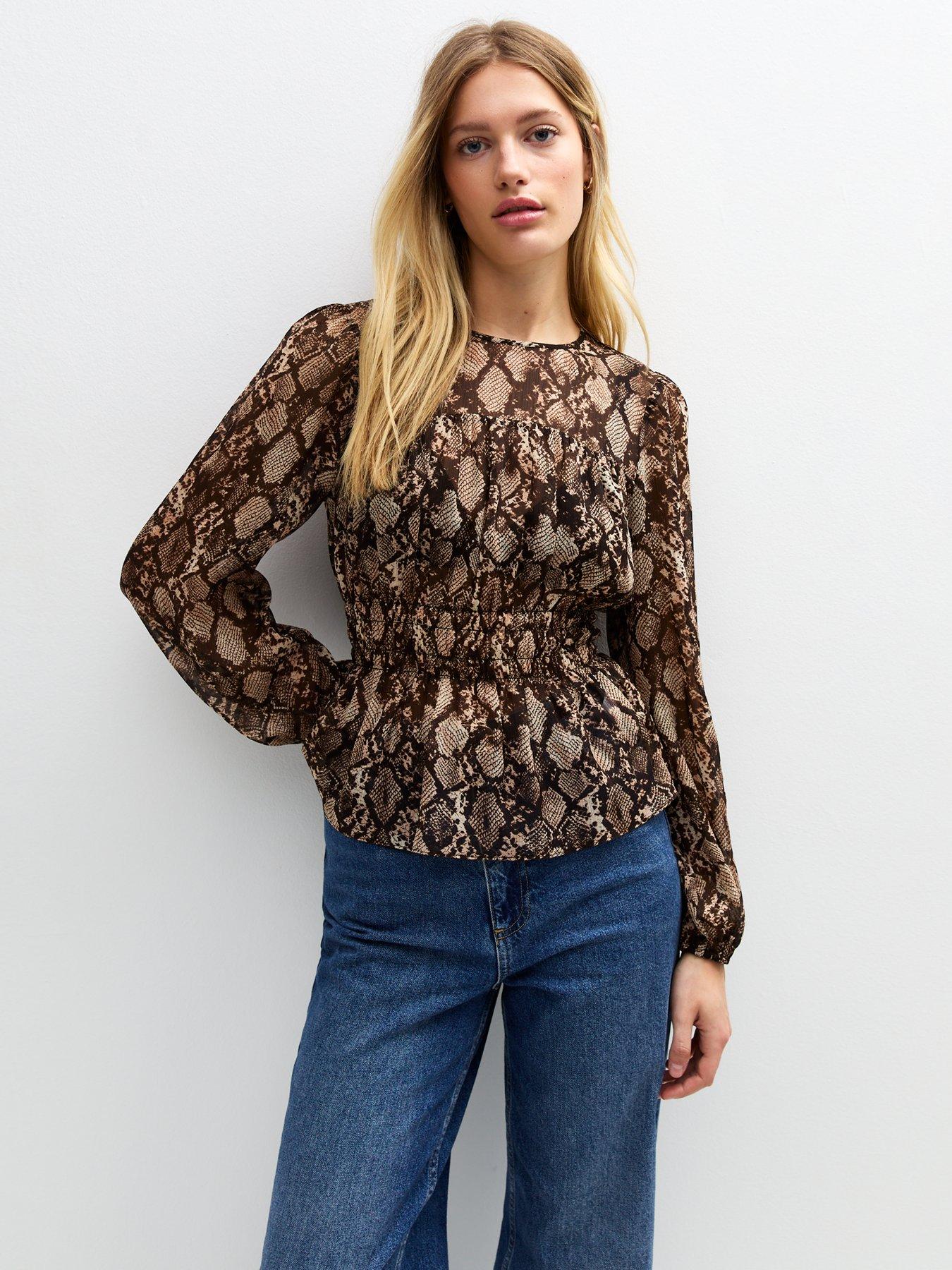 new-look-brown-snake-print-chiffon-semi-sheer-blouse