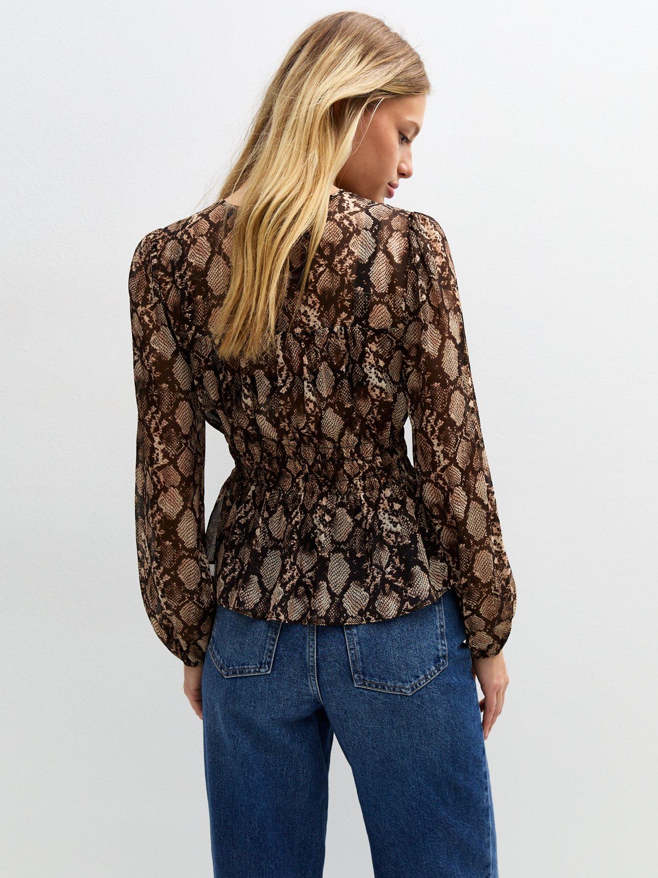 new-look-brown-snake-print-chiffon-semi-sheer-blousestillFront