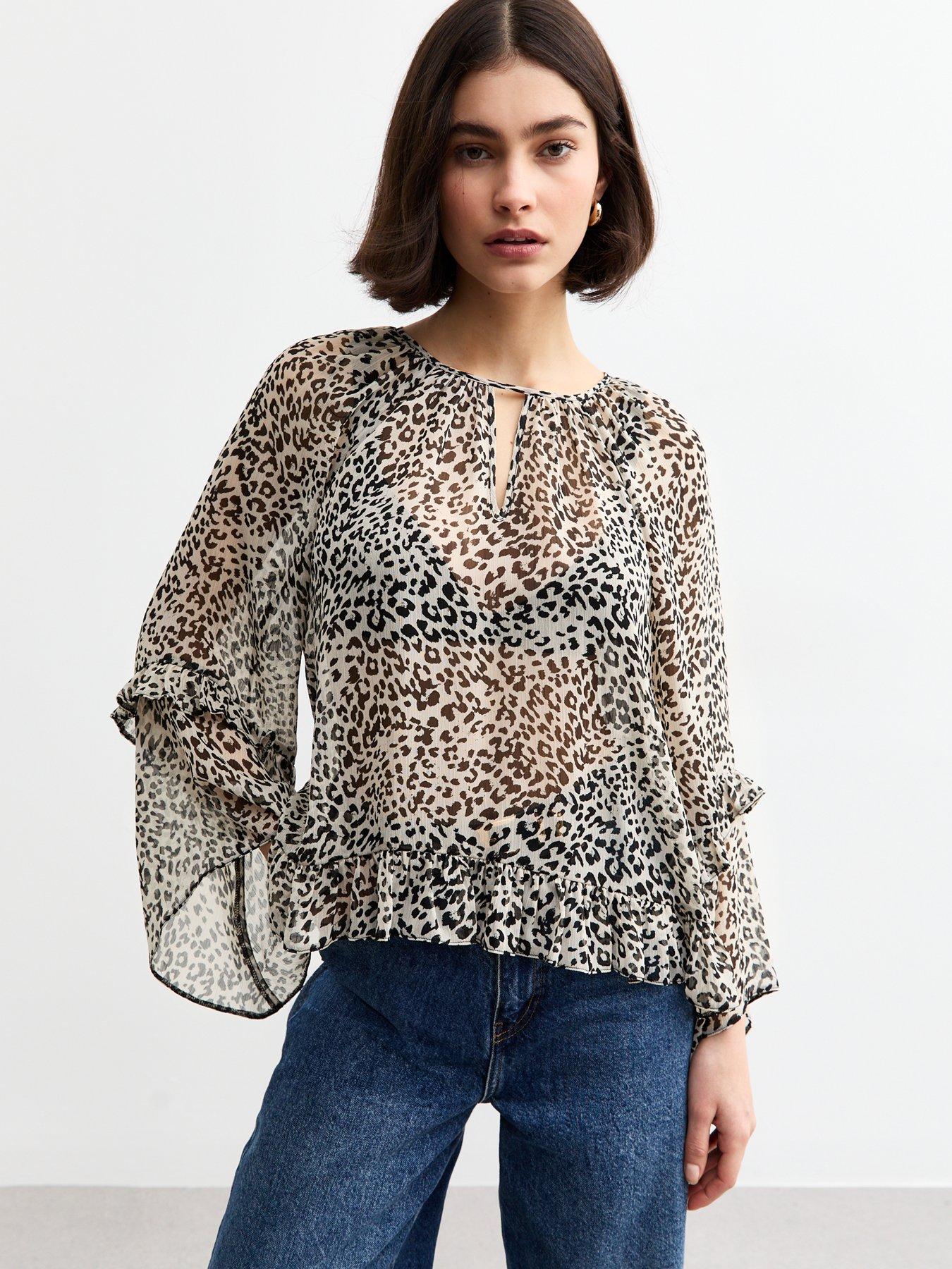 New Look Leopard Print Frilly Trim Chiffon Blouse - Black