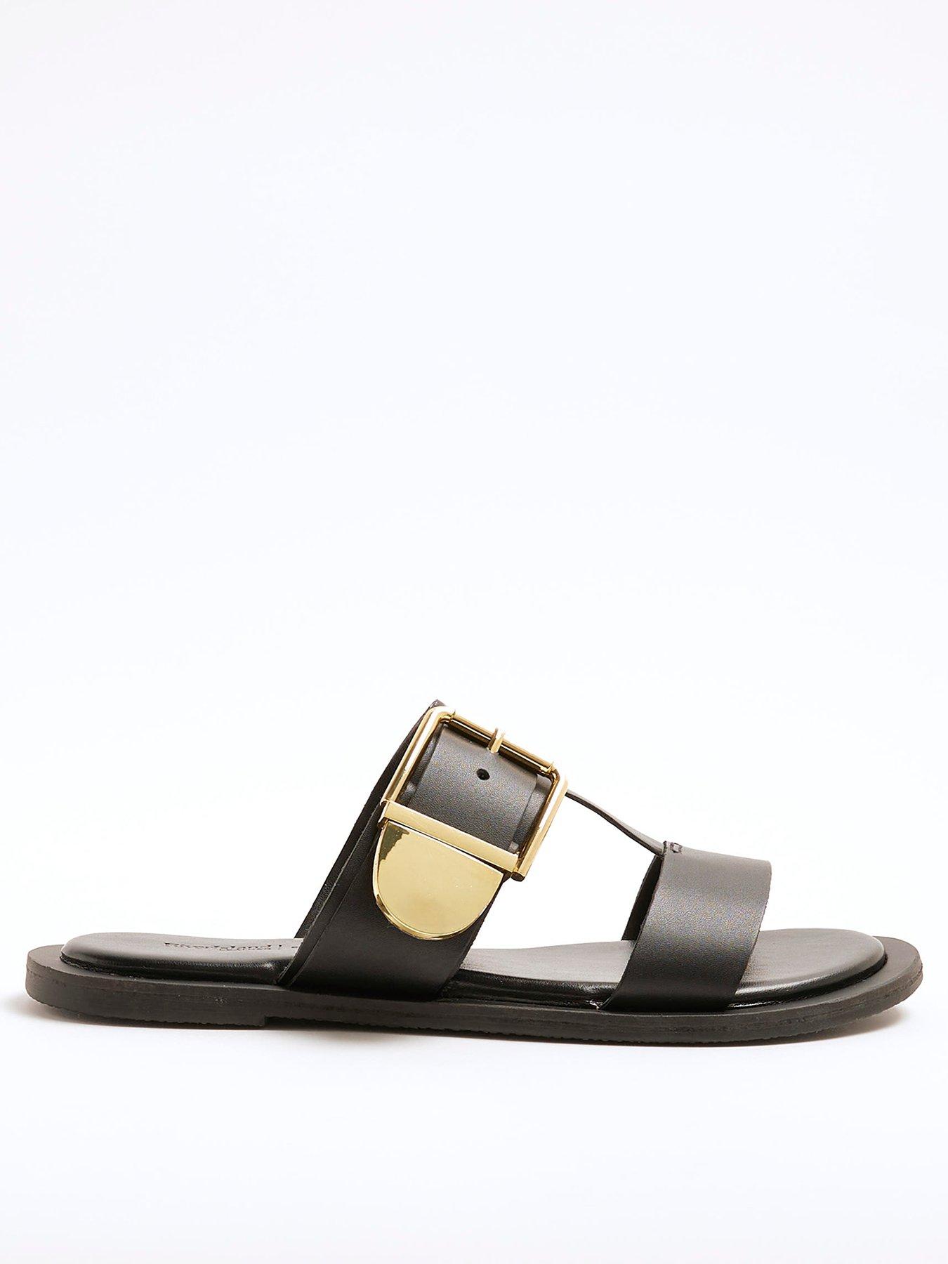 Image 1 of 6 of River Island T Bar Flat Sandals - Black